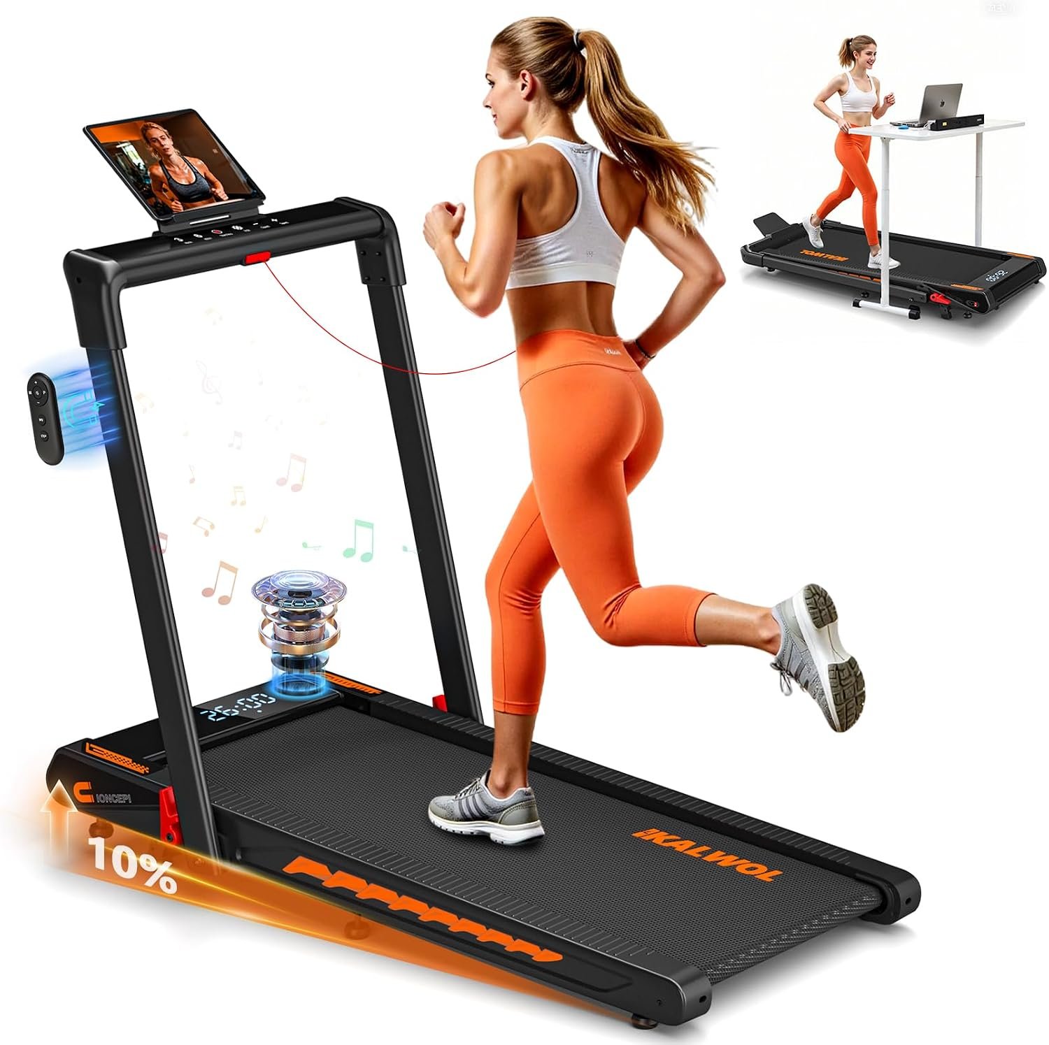 Treadmill with Speaker, 6-in-1 7.5MPH Foldable Treadmill for Home with App Compatible, Walking Pad with 10% Incline, LED Display, 3.0HP Brushless Drive, 350 LB Weight Capacity, 12 HIIT Programs