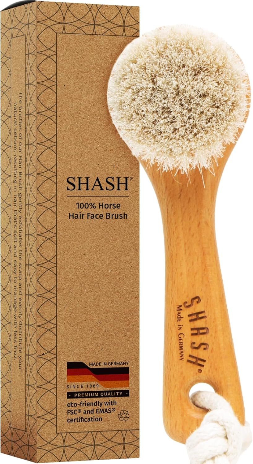 SHASH Since 1869 Hand Made in Germany – Sustainable Exfoliating Face Brush, Scrub Cleansing Brush, Exfoliates Skin to Help Reduce Flaking, Supports Glowing Complexion (Medium Horse Hair Bristle)