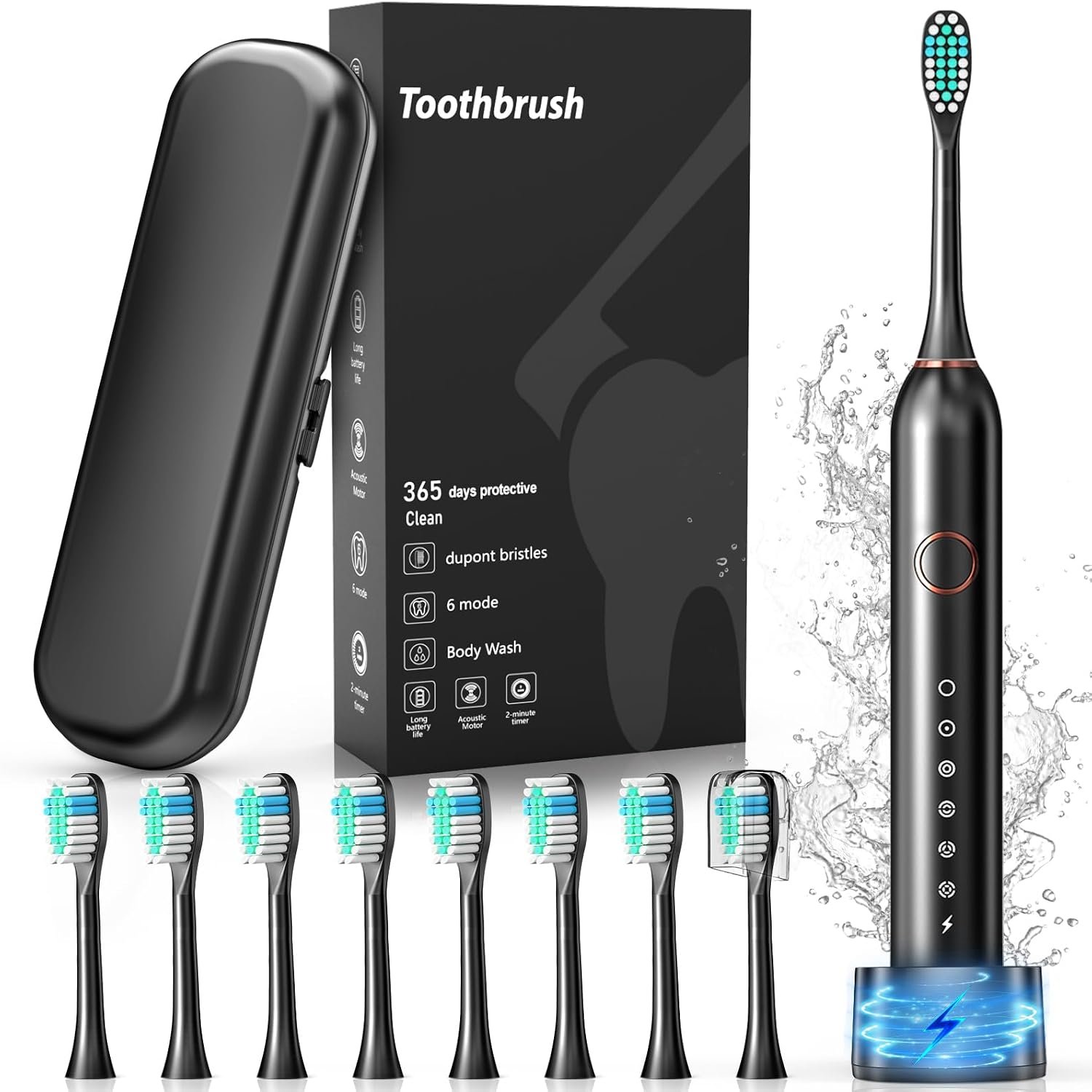 Electric Toothbrush, Sonic Type for Adults & Teens, 8 Brush Heads, Travel Case, 6 Modes, 40000 VPM Electric Motor, IPX7 Waterproof, 2 Minutes Timer, Wireless Charging, One Charge for 100 Days, Black