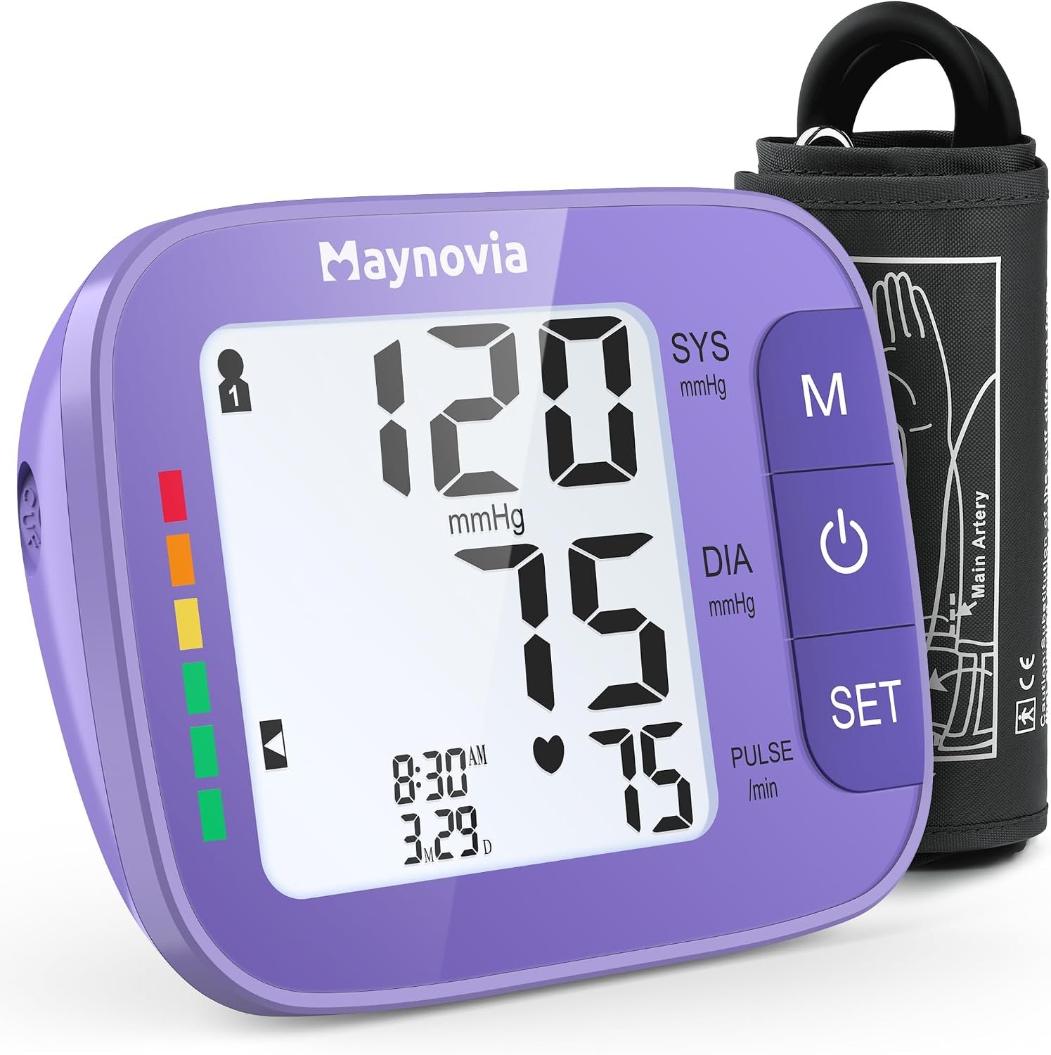 Upper Arm Blood Pressure Monitor, 8.6-16.5 in Cuff, Purple | Backlit LCD, one-button use, 2-user memory, 120 readings, irregular heartbeat detection, AAA or USB power, adults, home use