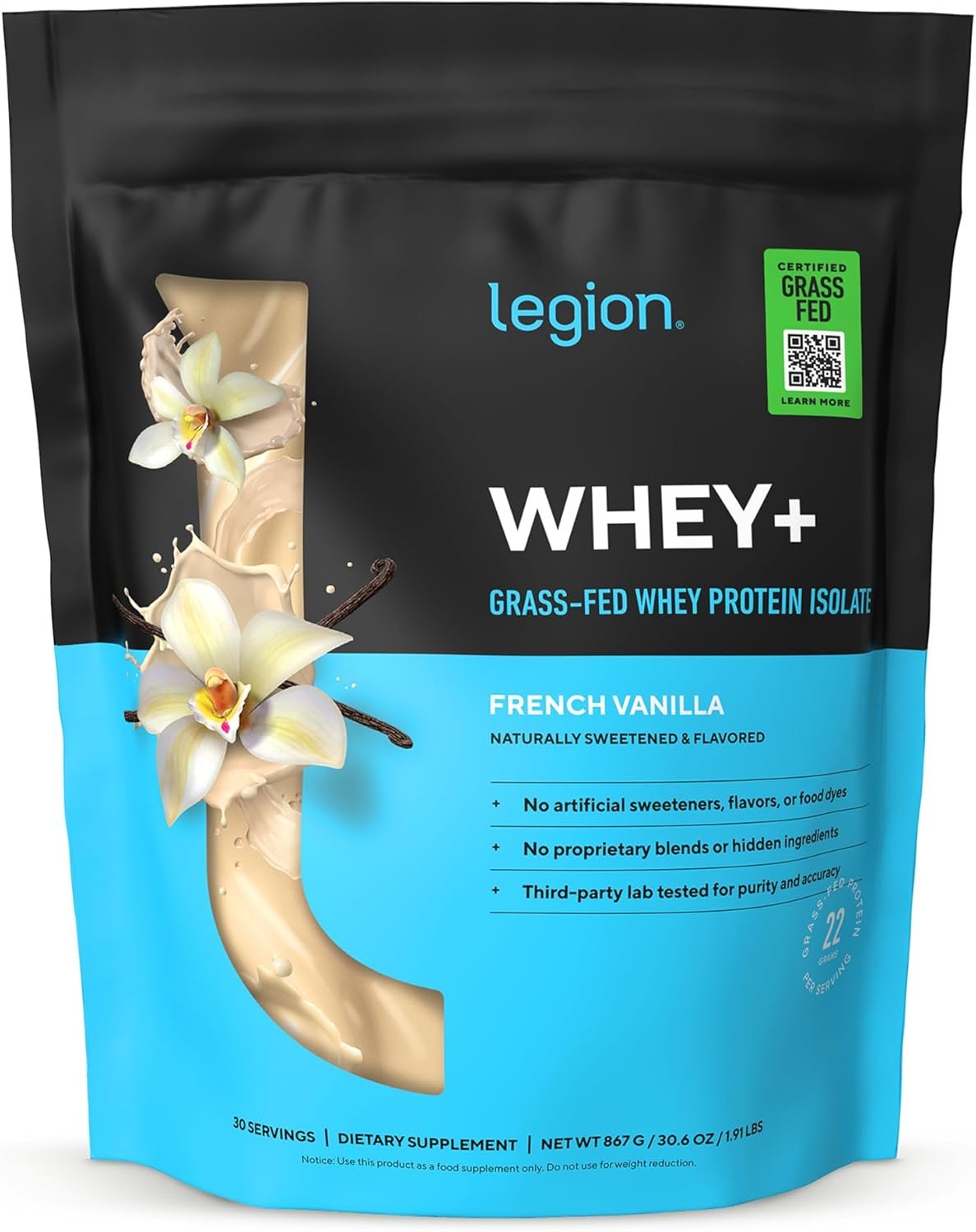 LEGION Whey+ Protein Whey Isolate from Grass Fed Cows (French Vanilla, 30 Servings) – Whey Protein Isolate Powder, Low Calorie, Non-GMO, Sugar Free, Lactose and Gluten Free, All Natural Protein Powder