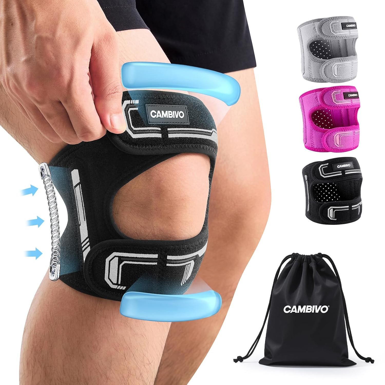 CAMBIVO Patellar Tendon Support Strap, Knee Brace for Women and Men, Black | Open-patella | Gel pad with side stabilizers | 4 adjustable anti-slip straps | Storage bag | for running, hiking & workouts