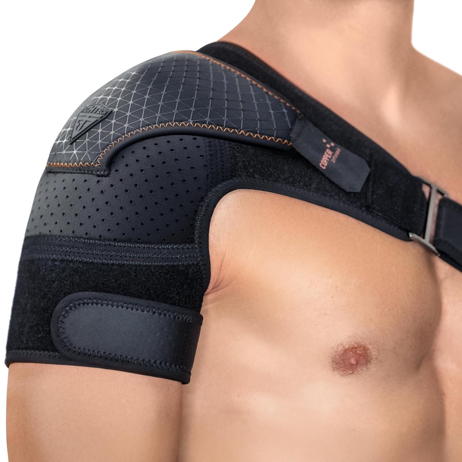 FIGHTECH Rotator Cuff Shoulder Brace for Men and Women – 2 Sizes – Shoulder Support – Pain Relief – Copper Black – Large – Fits Most Men – Bicep 12-17″