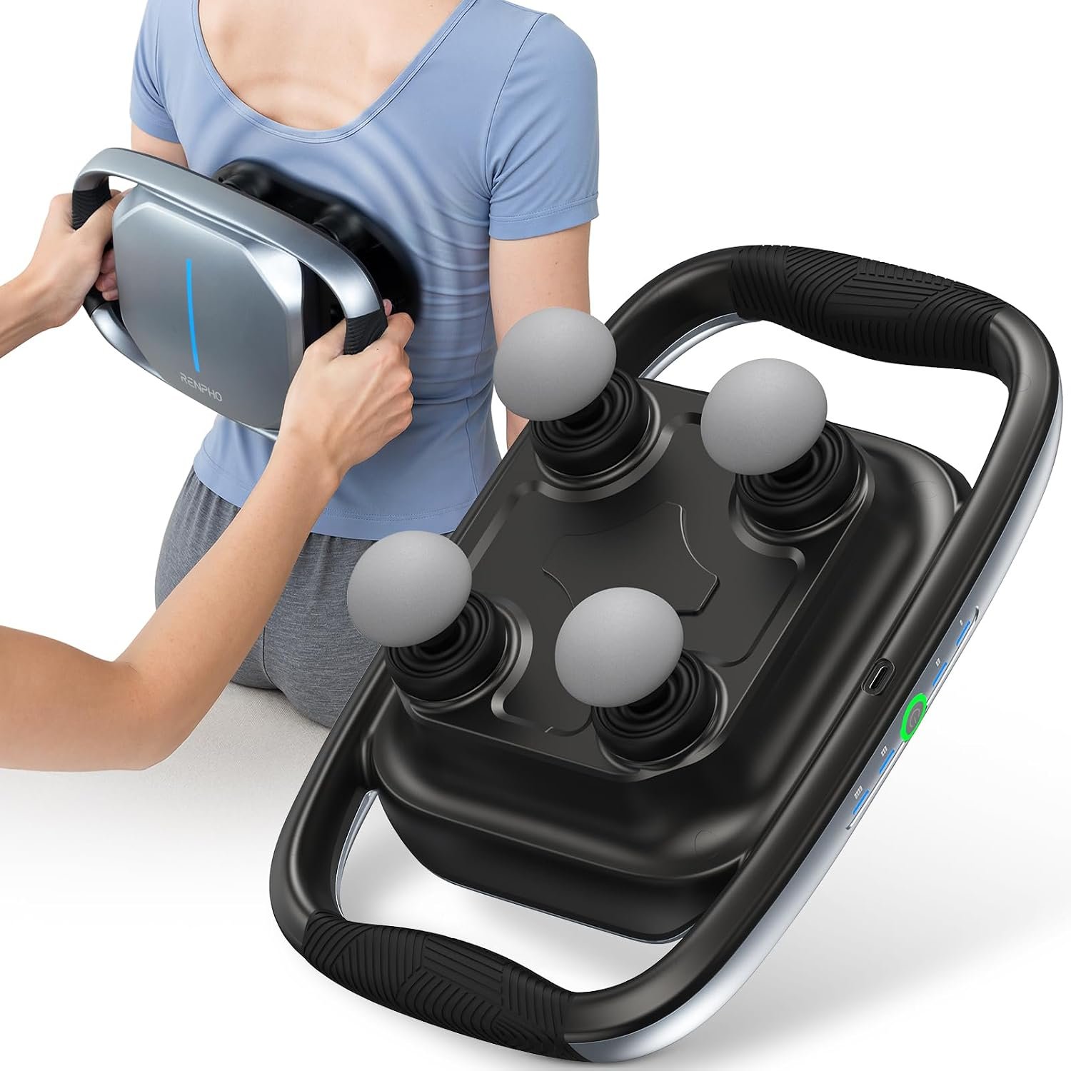 RENPHO Quad Massage Gun with 4-Head and Plate for Larger Muscle Groups | Handheld Percussion Massager for Neck, Back, Thighs, 4 Speeds, Wide Coverage, Gift for Men and Women, FSA Eligible HSA