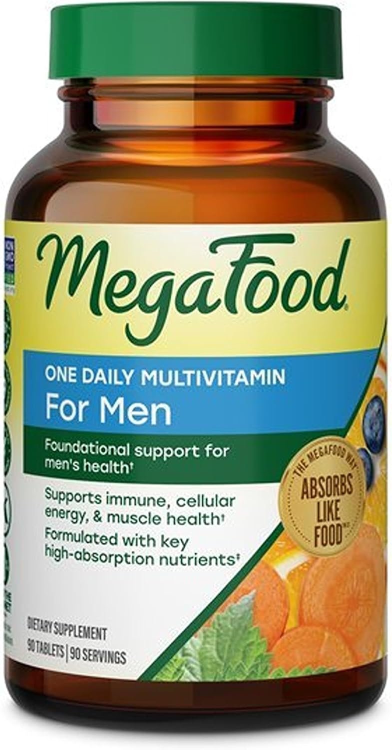 MegaFood One Daily Multivitamin for Men with 21 Nutrients, 90 Tablets | Immune Support, Cellular Energy & Muscle Health, Methylfolate, Methylated B12, C, D3, Zinc, Non-GMO, Vegetarian, 90 Servings