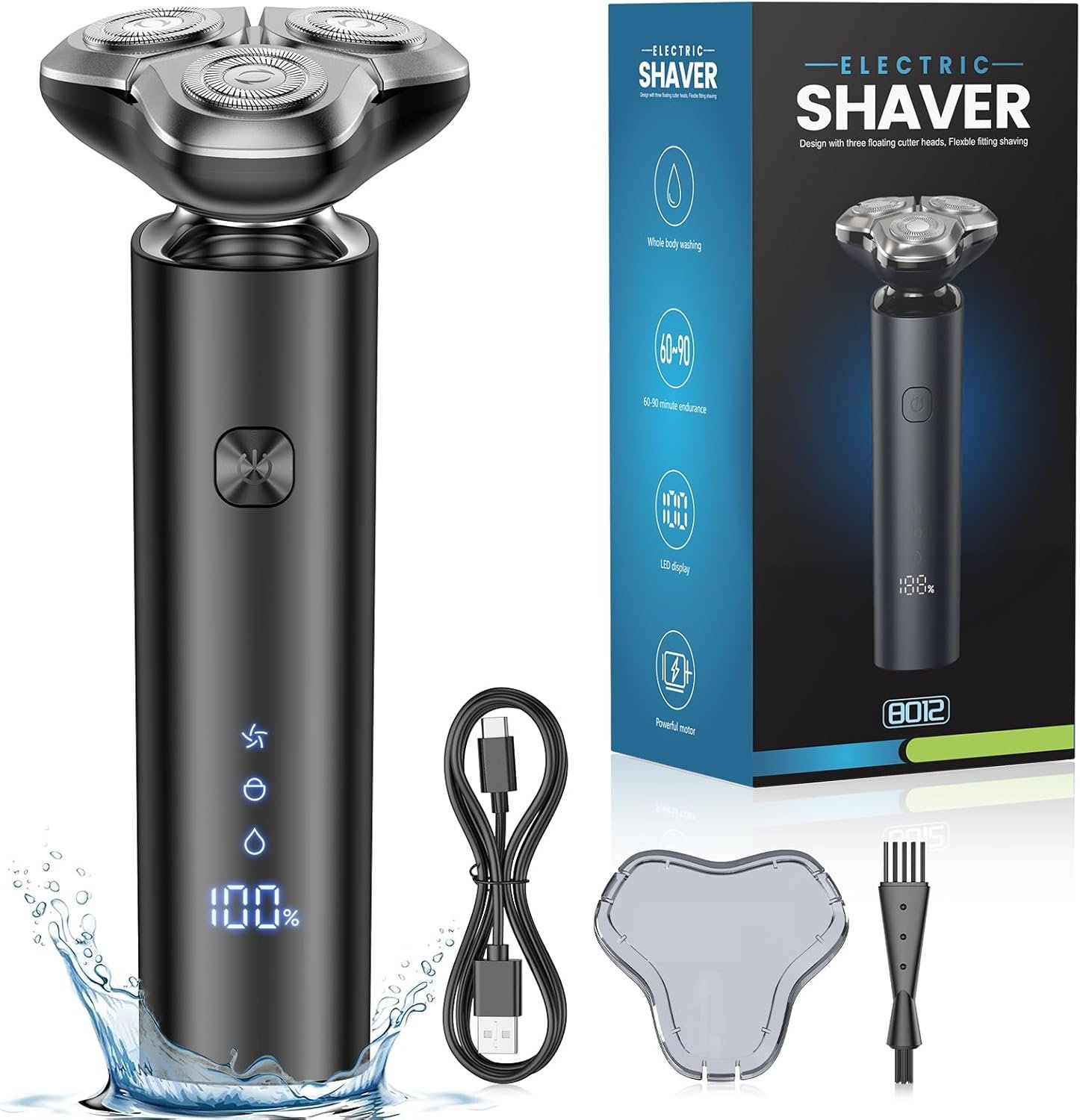 Electric Razor for Men, 4D Floating Rotary Razor, Wet & Dry Waterproof IPX7, USB-C Fast Charging, LED Display, Adaptive Speed Control, Low Noise Cordless Electric Razor with Travel Lock