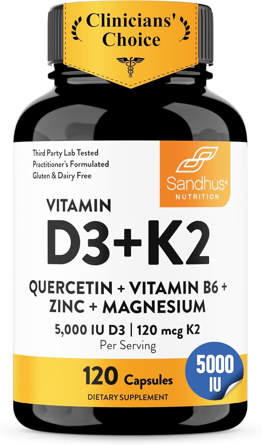 Vitamin D3 K2 5000 IU 120mcg Magnesium Zinc B6 Quercetin Capsules 120 Count | 6-in-1 D3+K2 Supplements Supports Bone, Immune, Energy And Muscle Health, Gluten-Free, 4-Month Supply, USA Made by Sandhu’s
