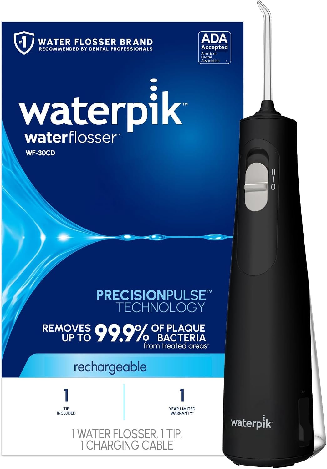 Waterpik Cordless 1100 Rechargeable Portable Water Flosser for Teeth Cleaning and Flossing, Travel, Braces Care, Healthier Gums, Waterproof for Shower, ADA Accepted, WF-30CD Black, Packaging May Vary