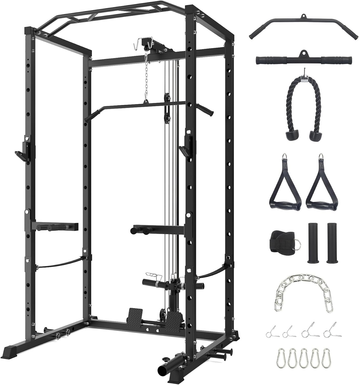 Power Cage,1600LBS Power Cage Squat Rack,Squat Machine with Dip Bar,Workout Equipment Home Gym with Cable Pulley System,Stainless Steel Workout Equipment Weight Rack for Home Gym
