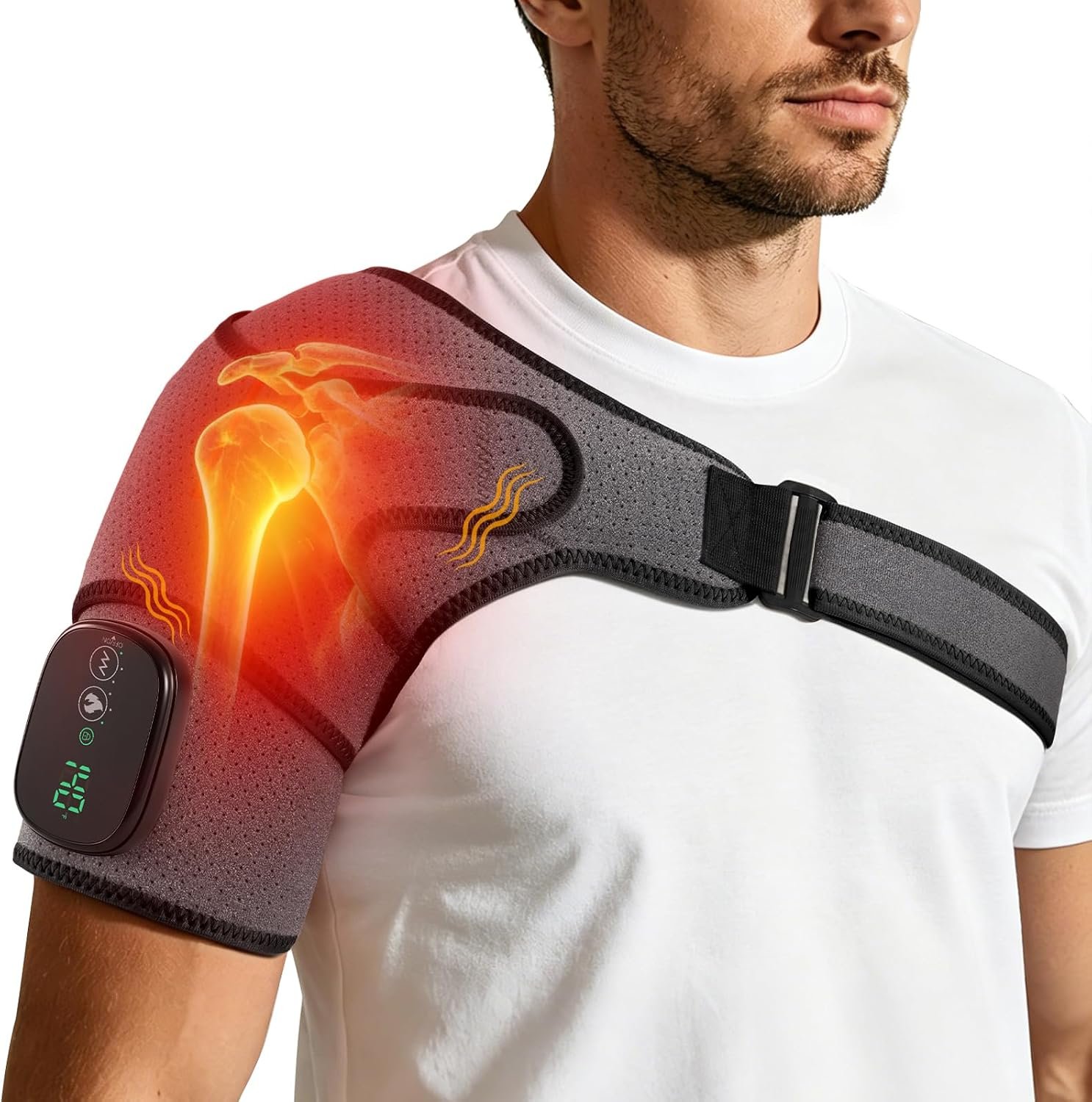 Cordless Shoulder Heating Pad with Massager, 5000mAh Rechargeable Heated Shoulder Wrap with 3 Timer,3 Vibration,3 Heat, Shoulder Brace for Rotator Cuff Pain Relief & Deep Tissue Comfort, Men & Women