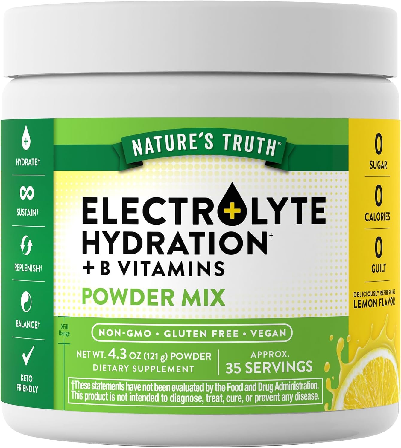 Nature’s Truth Electrolytes Powder | No Sugar | with B Vitamins | Refreshing Lemon Flavor | Vegan, Non-GMO & Gluten Free Supplement for Hydration