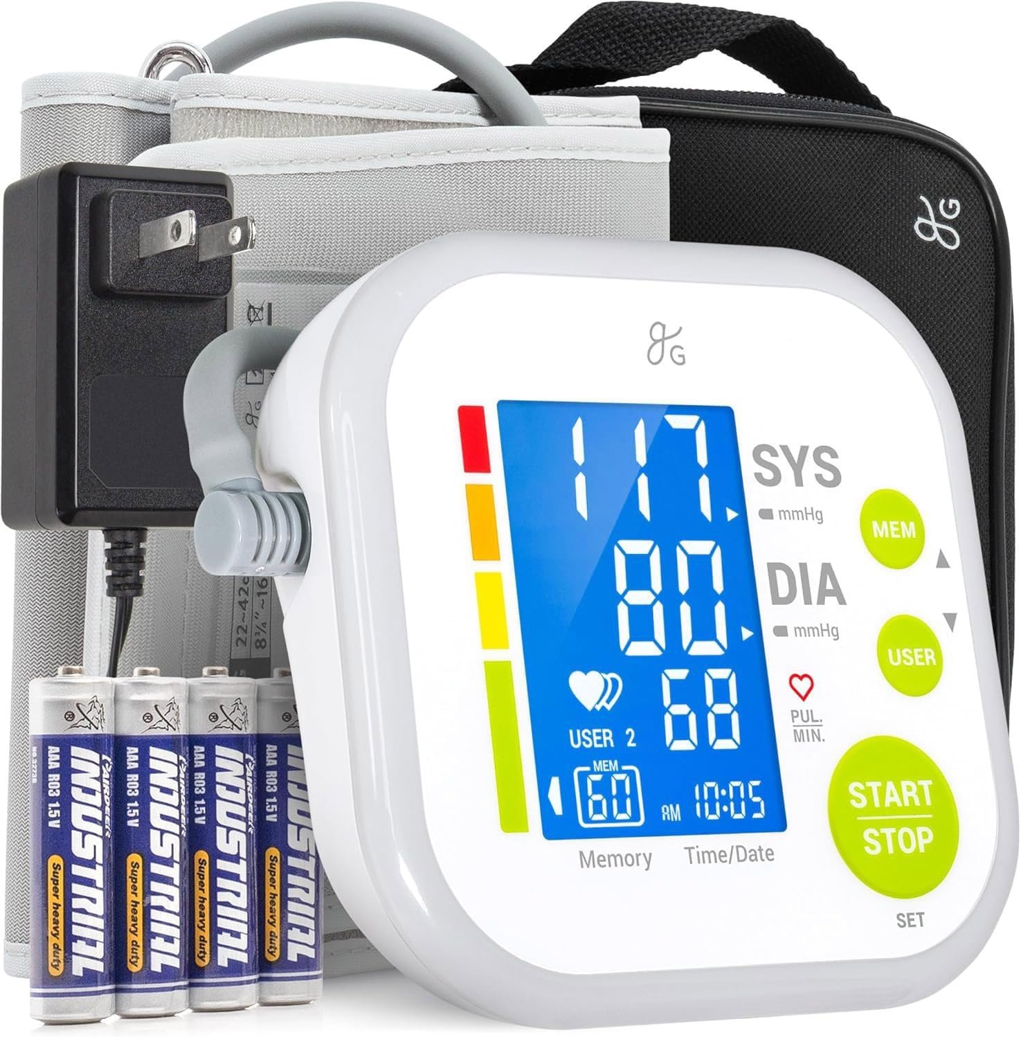 Greater Goods Upper Arm Blood Pressure Monitor for Home Use – Automatic One-Touch BP Machine, Wide-Range Cuff (8.7”–16.5”), Large Backlit Display, 2-User Memory, Complete Kit