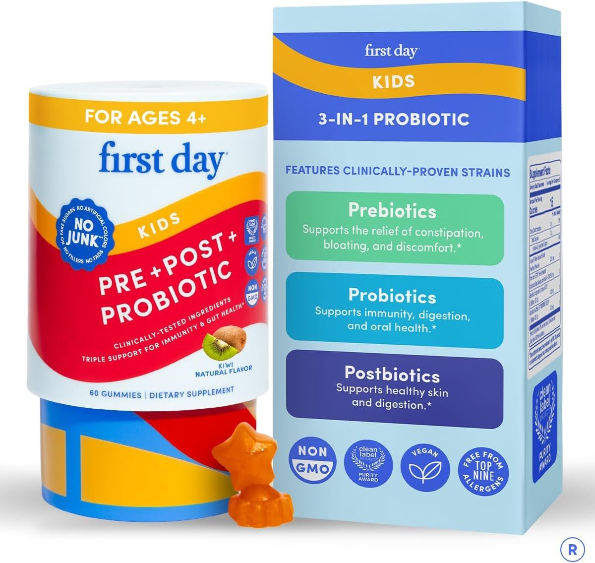 FIRST DAY Kids Probiotic Gummies, 3-in-1 Prebiotic + Postbiotic, 60ct | Vegan probiotic gummies for kids ages 4+ with kiwi, prebiotics and postbiotics; 1B CFU, 2 gummies daily for 30 days.