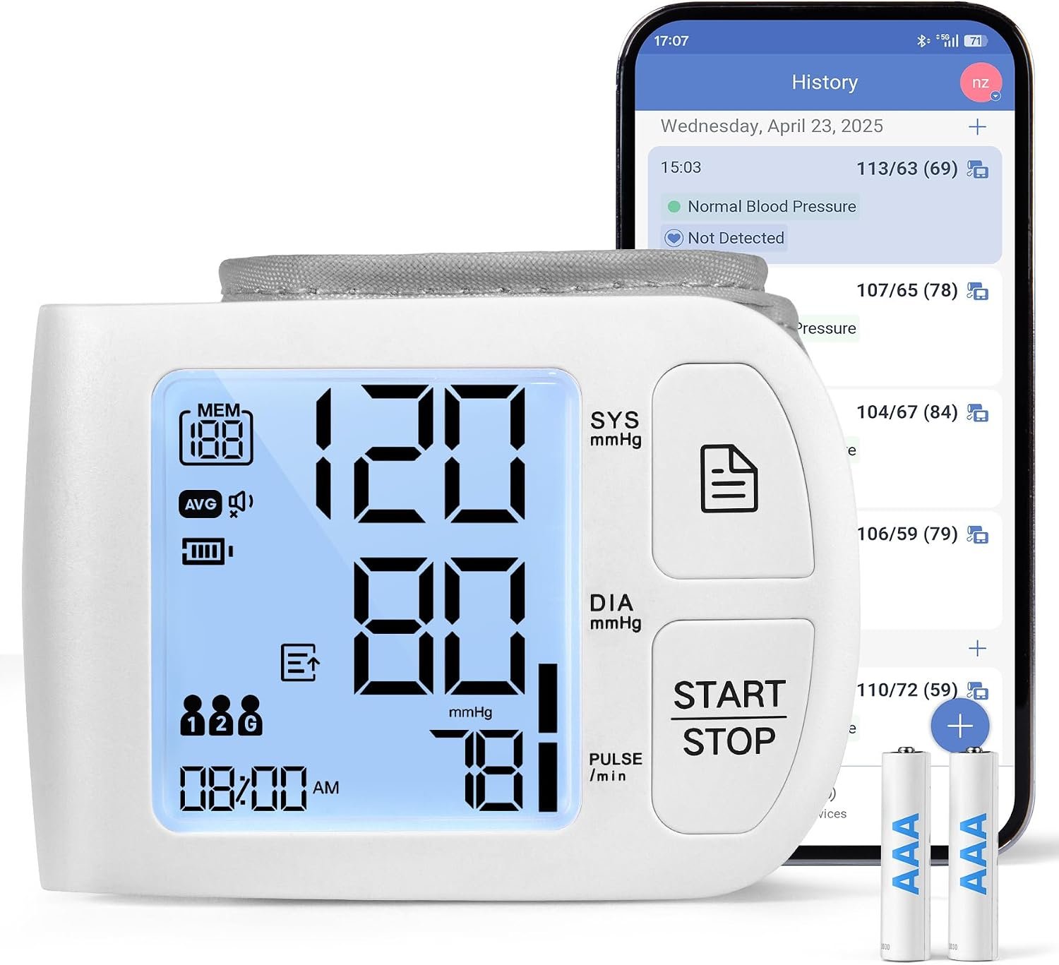 Blood Pressure Monitor Bluetooth BP Machine with Carrying Case, White | Compatible for iOS & Android, 199×2 Readings, Adjustable Wrist Cuff 5.31-8.46 inch, Voice Broadcast, Batteries Included
