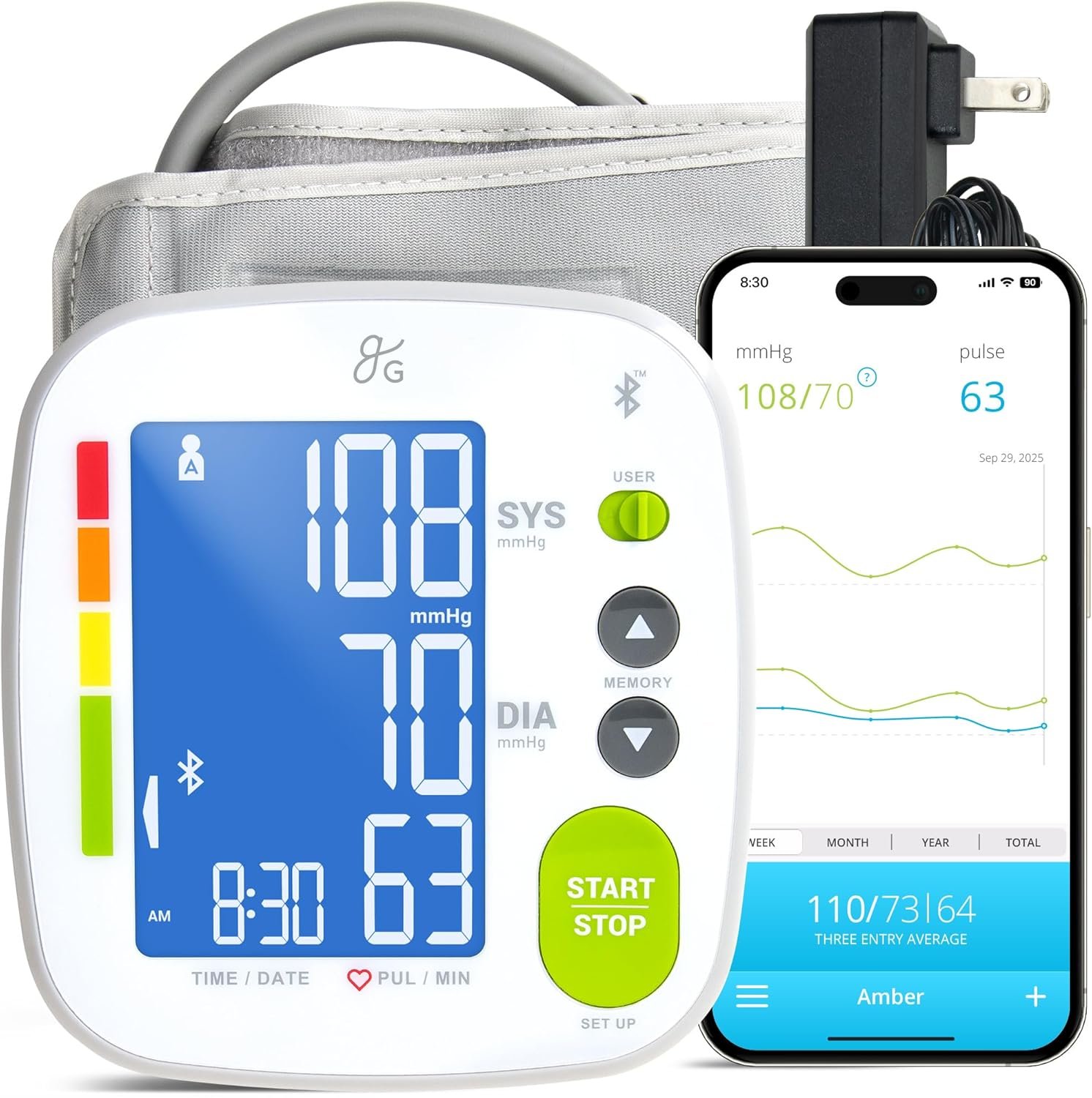 Greater Goods Bluetooth Smart Blood Pressure Monitor for Home Use – Automatic Digital Upper Arm BP Machine with 8.7”–16.5” Cuff, iOS & Android App Compatible, Large Backlit Display