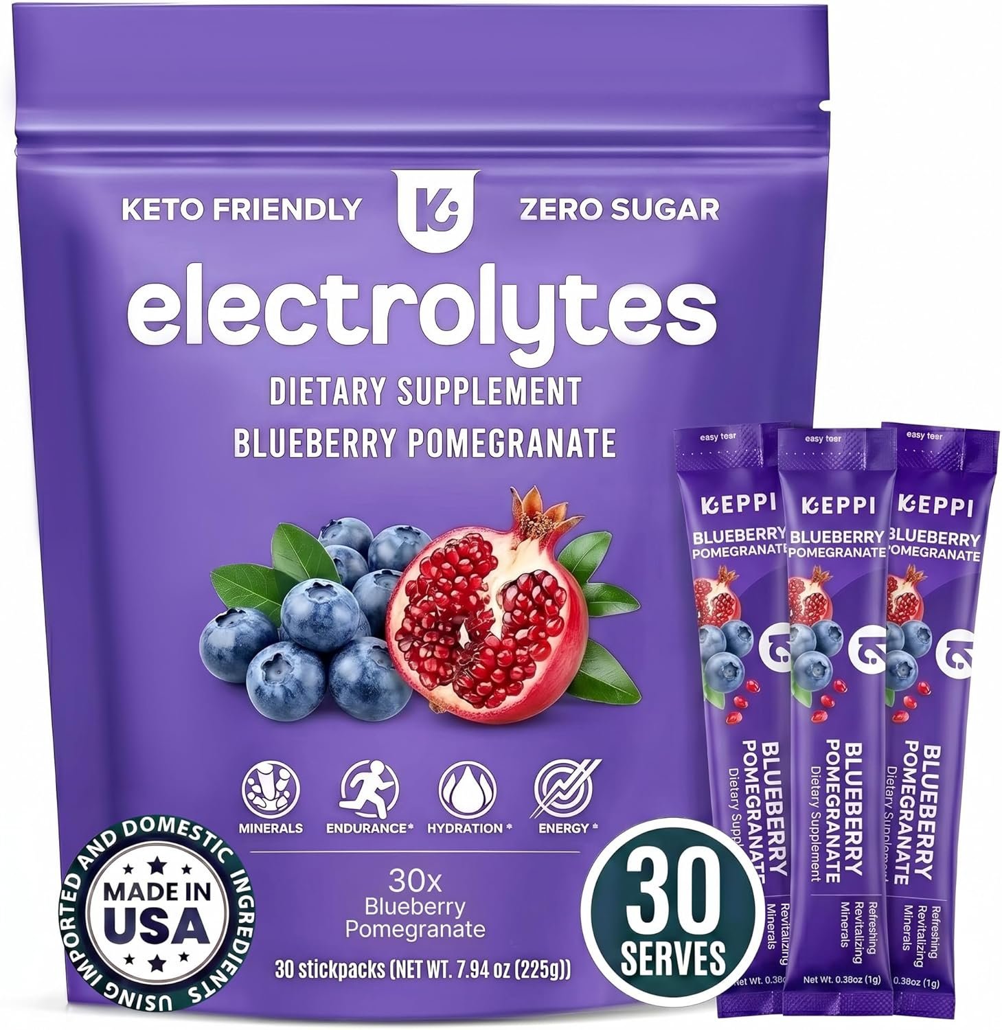 Keppi Electrolytes Powder Packets – Blueberry Pomegranate 30 Servings – No Sugar Hydration Supplement with Potassium, Magnesium, Sodium – Keto, Vegan, Fasting-Friendly, Zero Calorie Hydration Packets