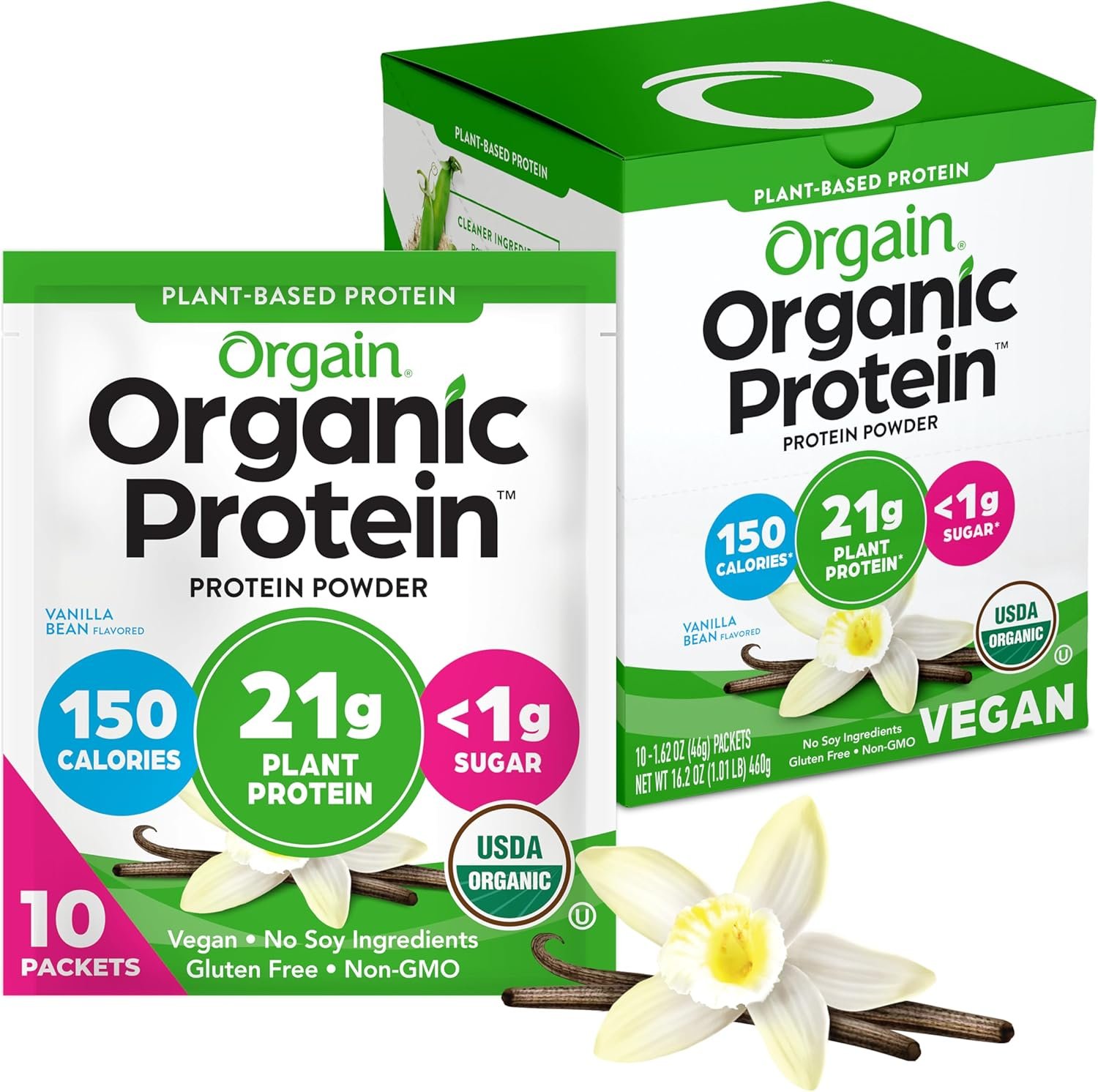 Orgain Organic Vegan 21g Protein Powder, Vanilla Bean, 10 Travel Packs | Plant based protein, 4g prebiotic fiber, low net carb, no added sugar or lactose ingredients, non-GMO, for shakes & smoothies
