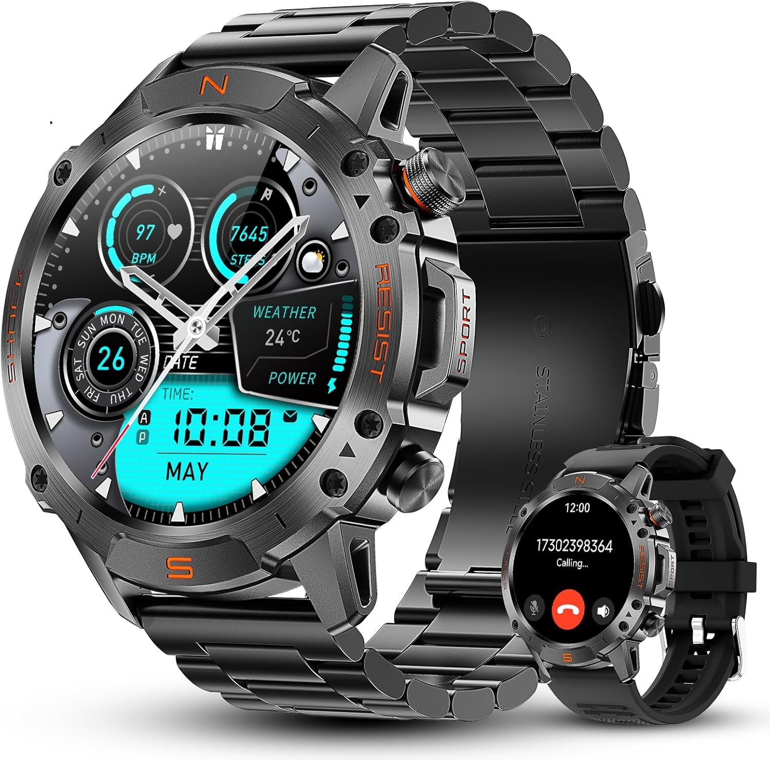 Rugged Smart Watch for Men, 5ATM Waterproof, 170+ Sports Modes,1.43″ AMOLED | Round Health Fitness Tracker Watch, Tactical Military Smartwatch Compatible with iPhone Android