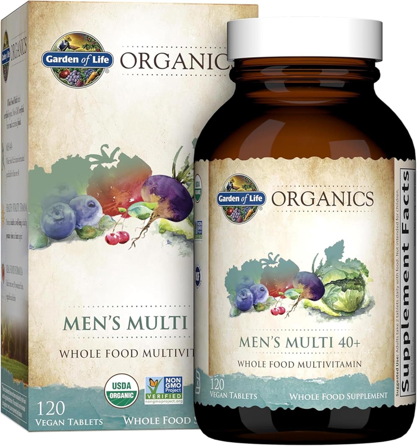 Garden of Life Organics Whole Food Multivitamin for Men 40+ 120 Tablets, Vegan Mens Multi for Health & Well-Being Certified Organic Whole Food Vitamins & Minerals for Men Over 40 Mens Vitamins | Prostate Support, B12 & Vitamins, Vegan, Daily Whole Food Multivitamin, Non-GMO, Certified Organic