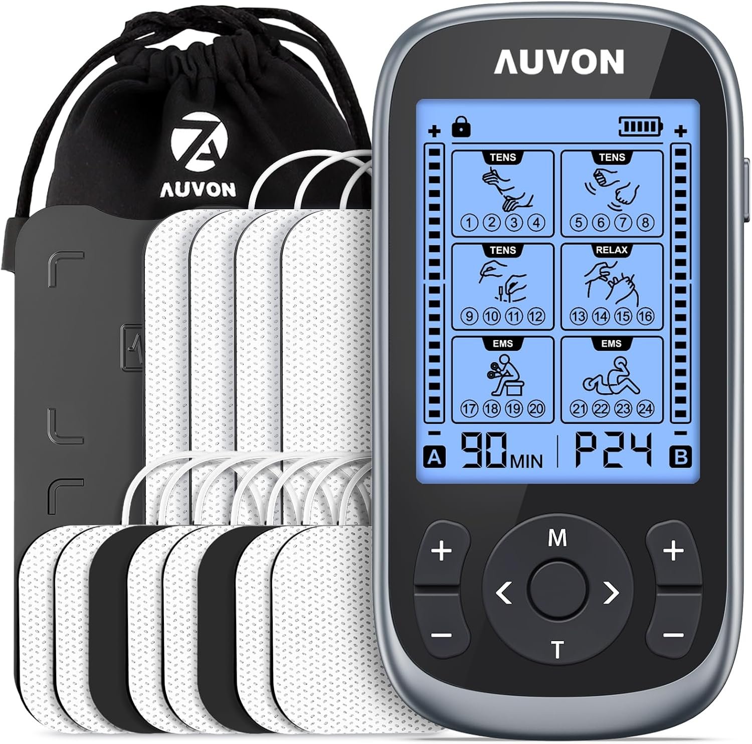AUVON 3-in-1 TENS Unit Muscle Stimulator, 40 Levels for Gradual Pain Relief | EMS Massage Machine, Drug-Free for Shoulder, Sciatica, Back Pain Relief, 24 Modes Electronic Pulse Massager, 12 TENS Pads