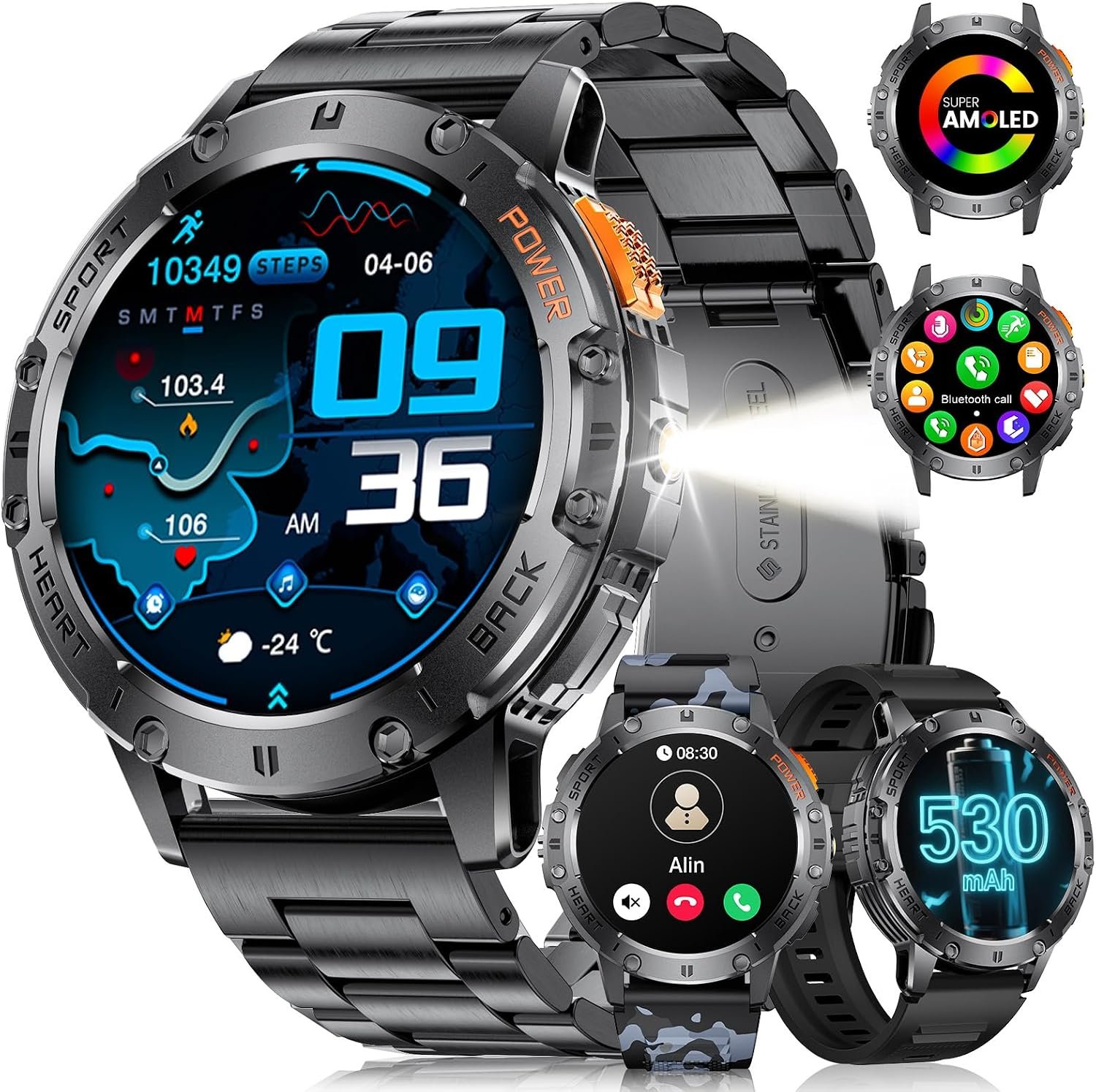 LIGE 1.43″ AMOLED Smart Watch for Men with Flashlight, Bluetooth Calling, 100+ Sport Modes, 530mAh, IP68 Waterproof Fitness Tracker for Workout, iOS Android Compatible, Black Steel Camouflage Silicone