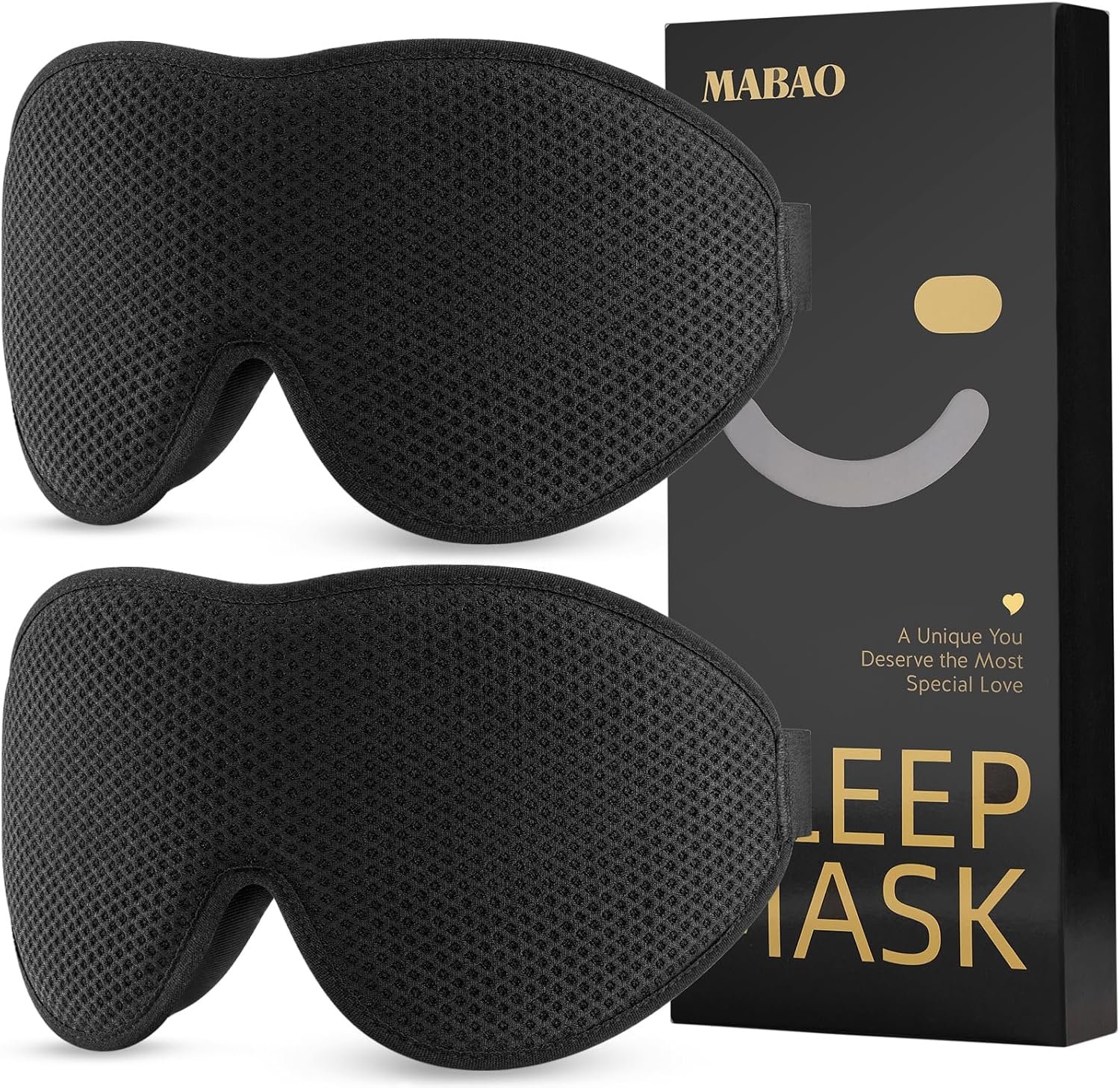 MABAO 2 Pack Sleep Mask for Side Sleeper, Eye Mask for Sleeping, Black | 3D Contoured Cup No Eye Pressure, 100% Light Blocking Sleeping Mask with Adjustable Strap Night Blindfold, Travel, Black