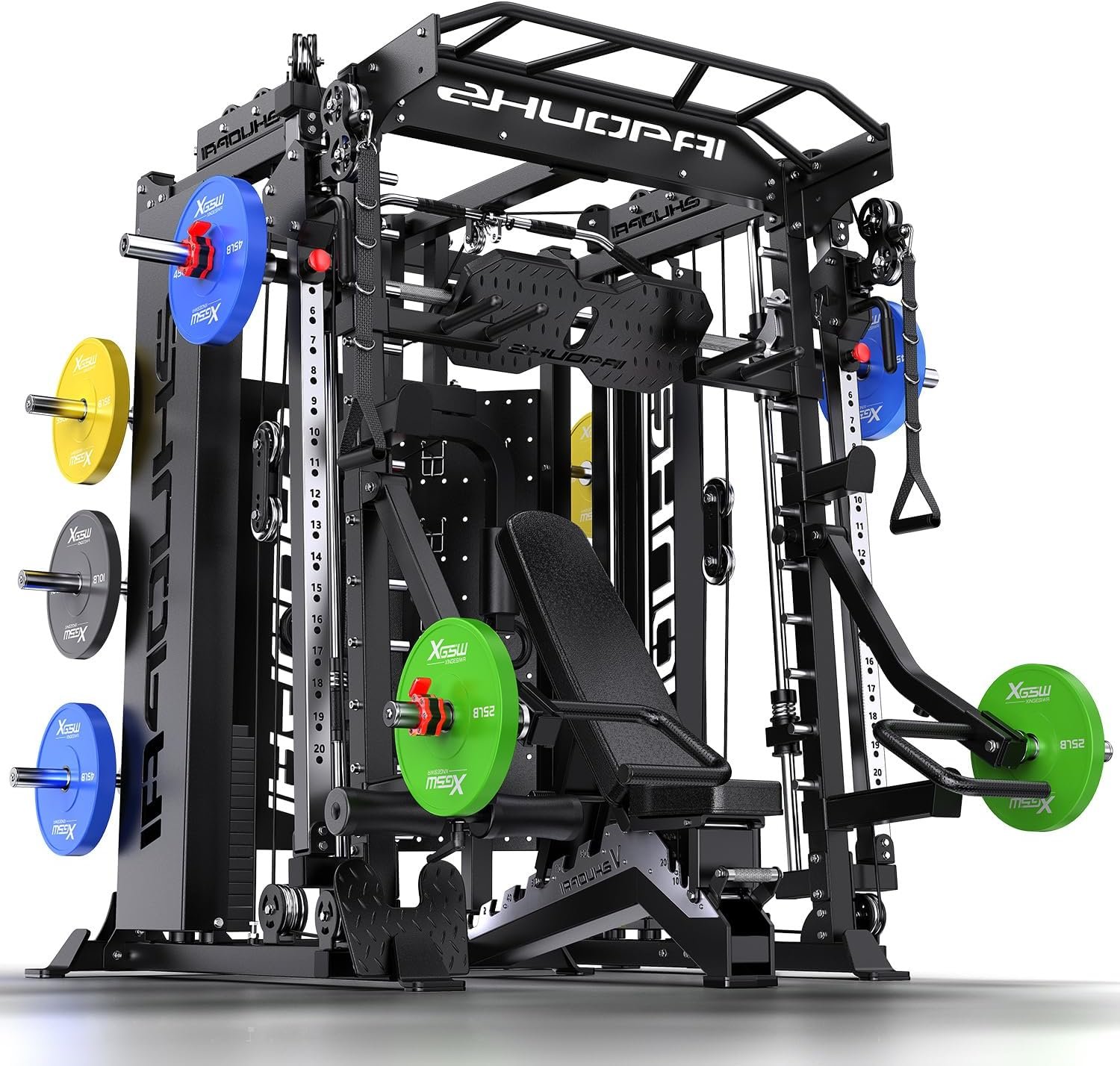 XGSW Smith Machine with Weight Stack, Multi-Function Squat Rack Power Cage with Cable Crossover System, for Home Gym