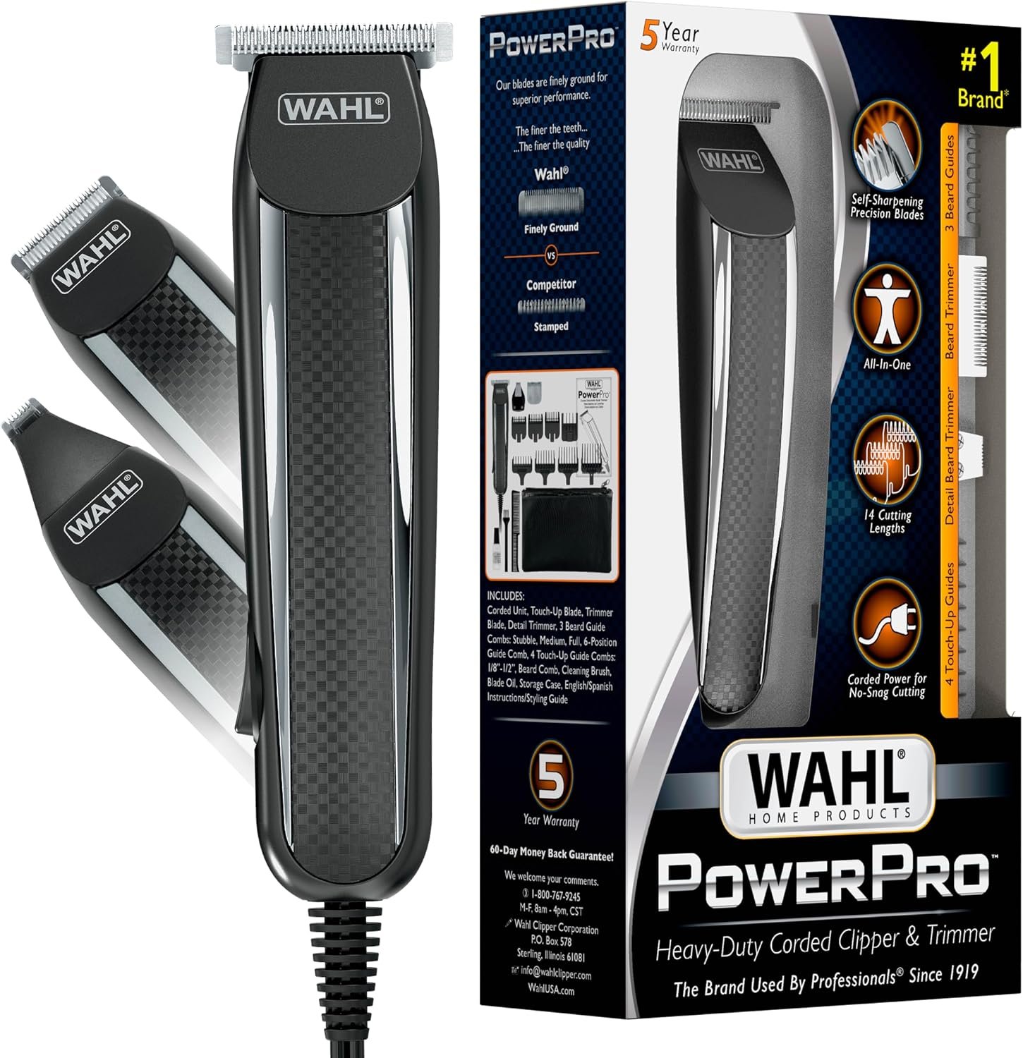 Wahl PowerPro Corded Detailer Trimmer Kit for Mens Grooming | For Trimming Beard, Mustache, Stubble, Ear, Nose, & Body Hair – 3 Grooming Heads – Model 9686