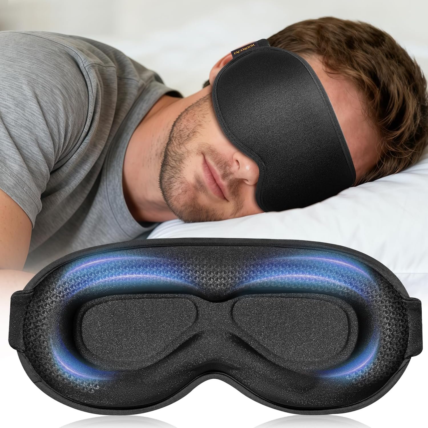 Blackout Weighted Eye Mask, 3D Sleep Mask for Men, Travel Gadgets | Relaxation gifts, bed essentials; deep cups, zero pressure, lash-friendly contour, buckle strap, office naps, business travel