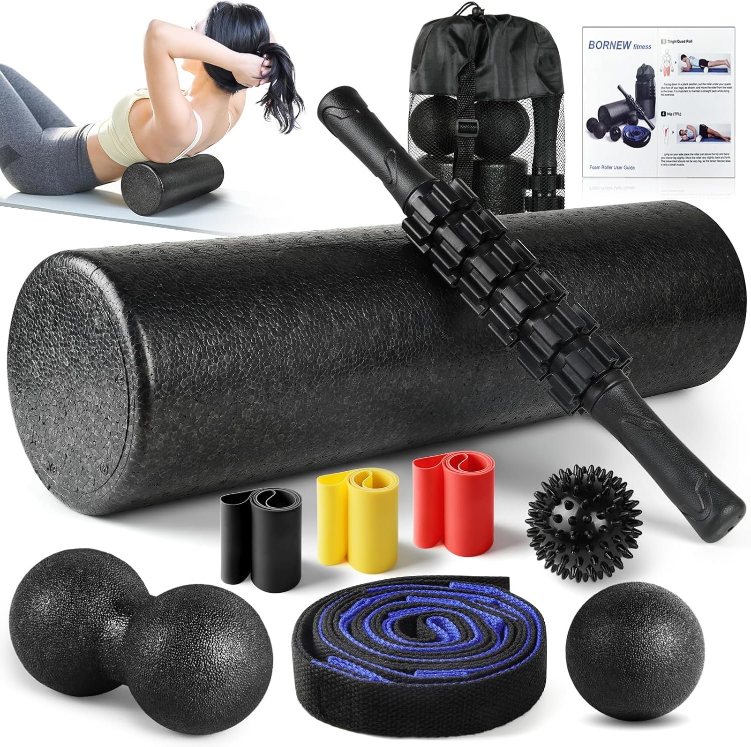 7 in1 Foam Roller Set for Deep Tissue Muscle Massager – Back Roller | Muscle Roller Stick, Resistance Bands, Foot Massage Ball, Stretching Strap for Exercise, Whole Body Physical Therapy