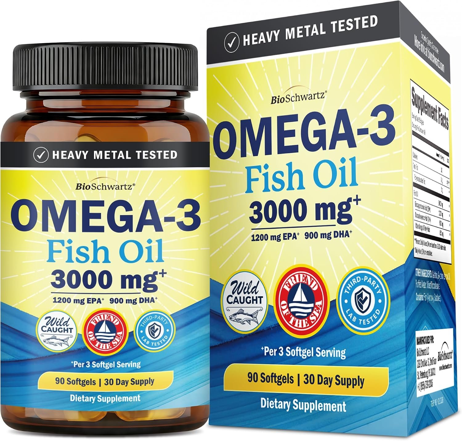 Triple Strength Omega 3 Fish Oil 3000mg for Women and Men, 90 Softgels | High Potency Omega 3 Supplement, Burpless Lemon Flavor Fish Oil – 2250mg Essential Fatty Acids with DHA & EPA, Wild Caught