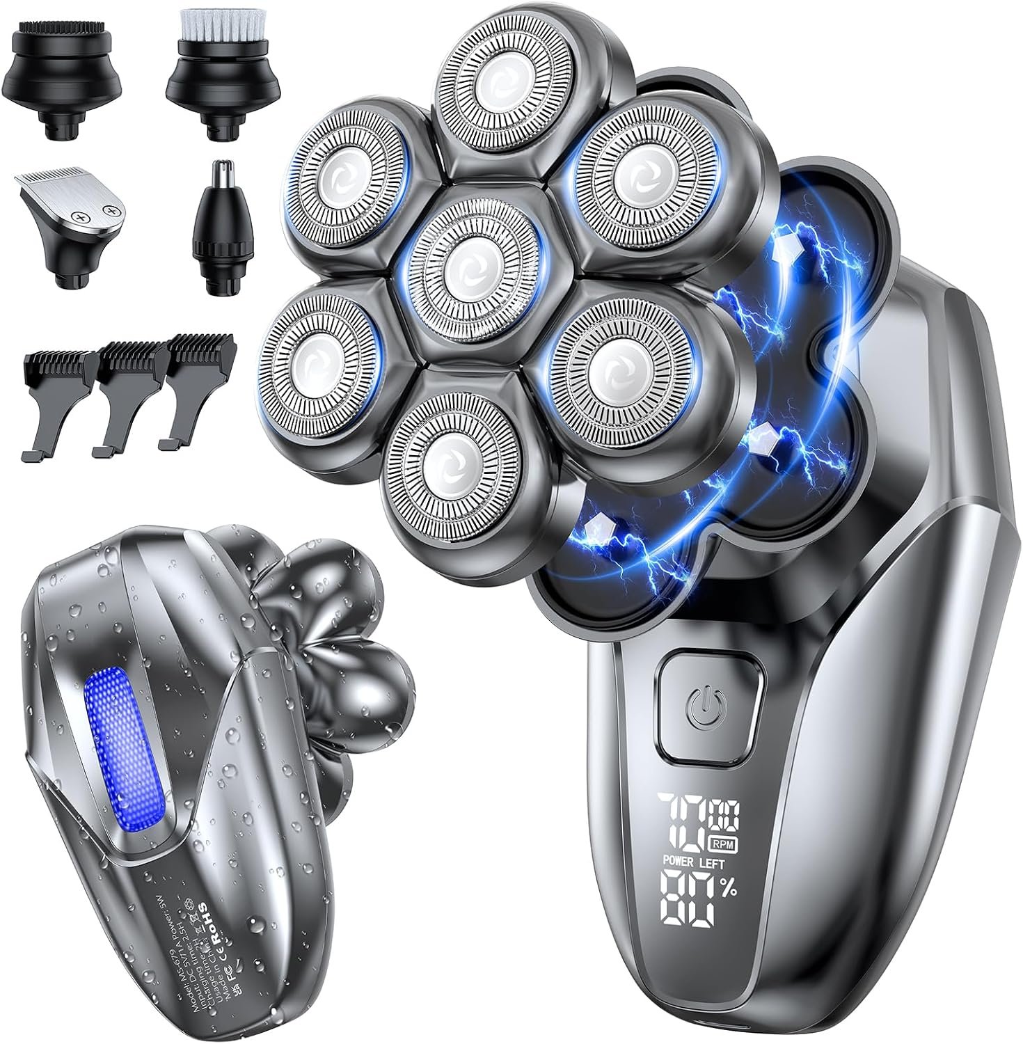Head Shavers for Bald Men, 5-in-1 Electric Shaver Grooming Kit, 7D Floating IPX7 Waterproof Rechargeable Wet/Dry Razor for Skull Bald Head, Body Hair, with Massager, Gray