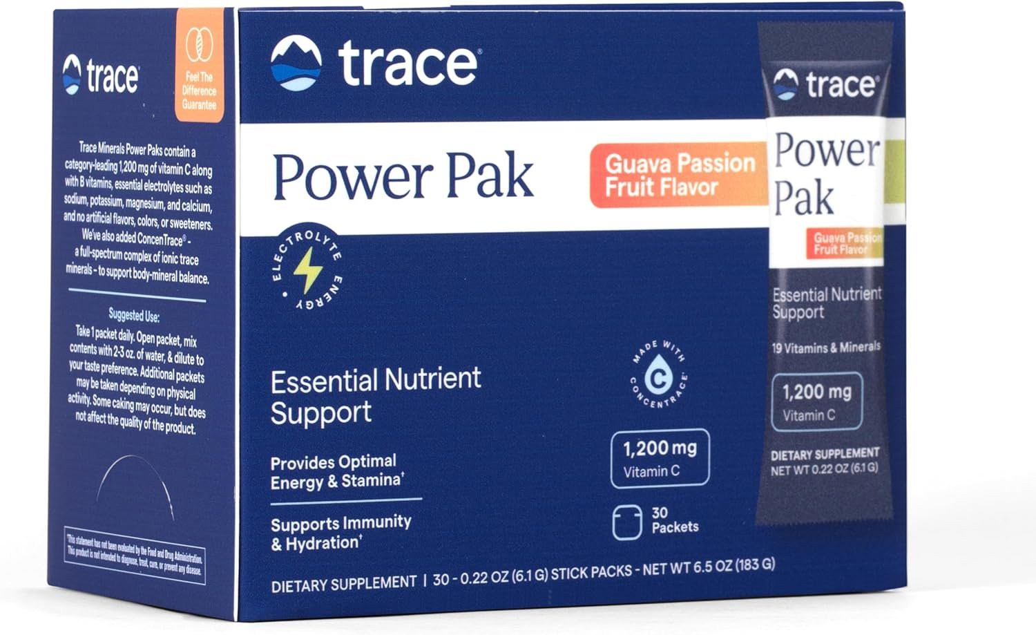 Trace Minerals Power Pak Electrolyte Packets, Guava Passionfruit, 30 Ct | 1200 mg Vitamin C plus Zinc, Immunity and endurance support, Sugar free, No artificial dyes, Keto friendly