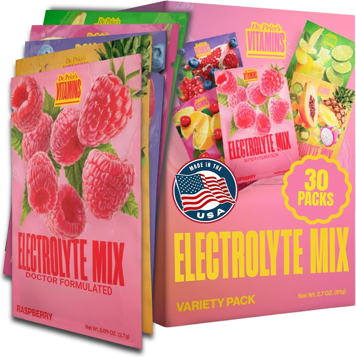 Dr. Price’s Vitamins Electrolytes Powder Packets, Variety Pack, 30 Pack | Electrolyte Mix, Hydration, No Sugar, Sodium, Potassium & 72+ Trace Minerals, Keto Friendly, Made in USA, Doctor-Formulated