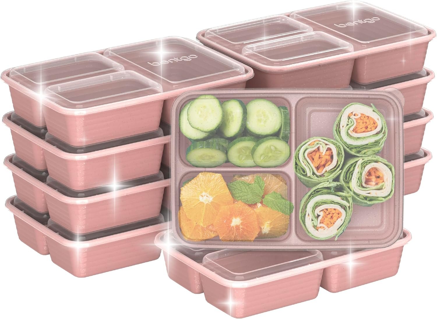 Bentgo Prep – 20-Piece 3-Compartment Reusable Meal Prep Containers with Lids, PFAS & BPA Free Materials, Durable, Microwave, Freezer, & Dishwasher Safe To Go Food Storage (Rosette Glitter)