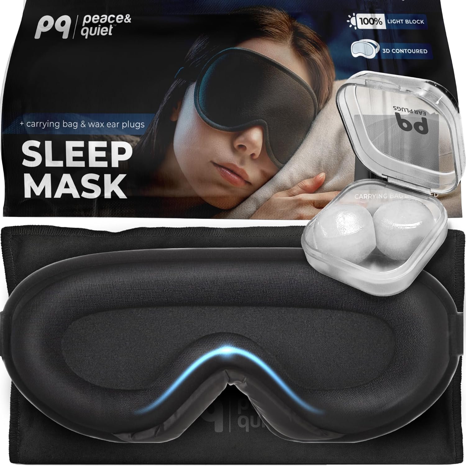 Peace&Quiet | PQ Sleep Mask for Side Sleepers – 3D Contoured Light Blocking Sleeping Mask for Women and Men, Lightweight & Soft Eye Shade Cover for Deep Rest, Premium Quality (Black)
