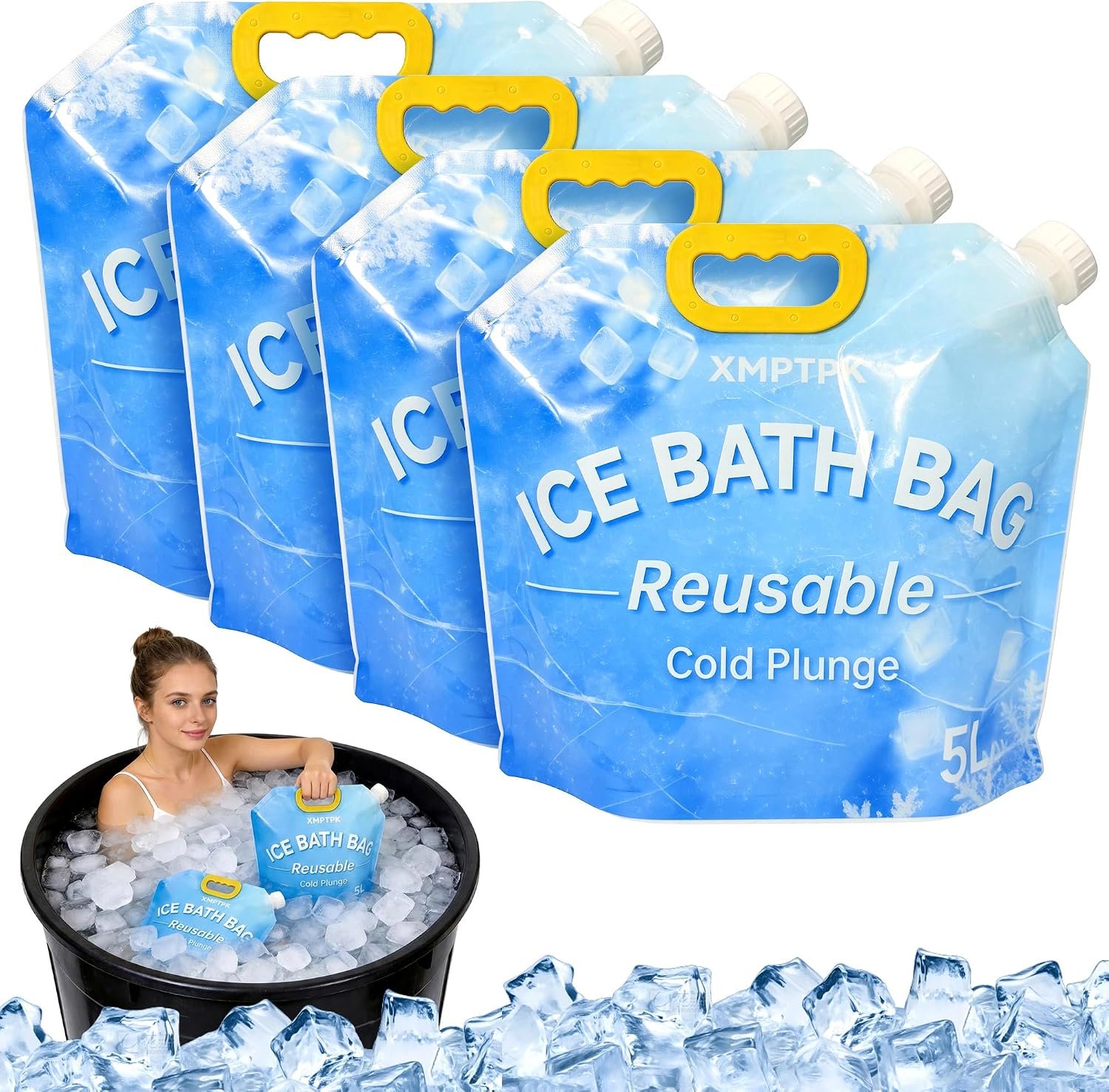 4 Pack Ice Bath Bags, Reusable Cold Plunge Tub Accessories, Portable Bathtub Freezer Water Bags with Handle for Home Outdoor Bathtub Bucket