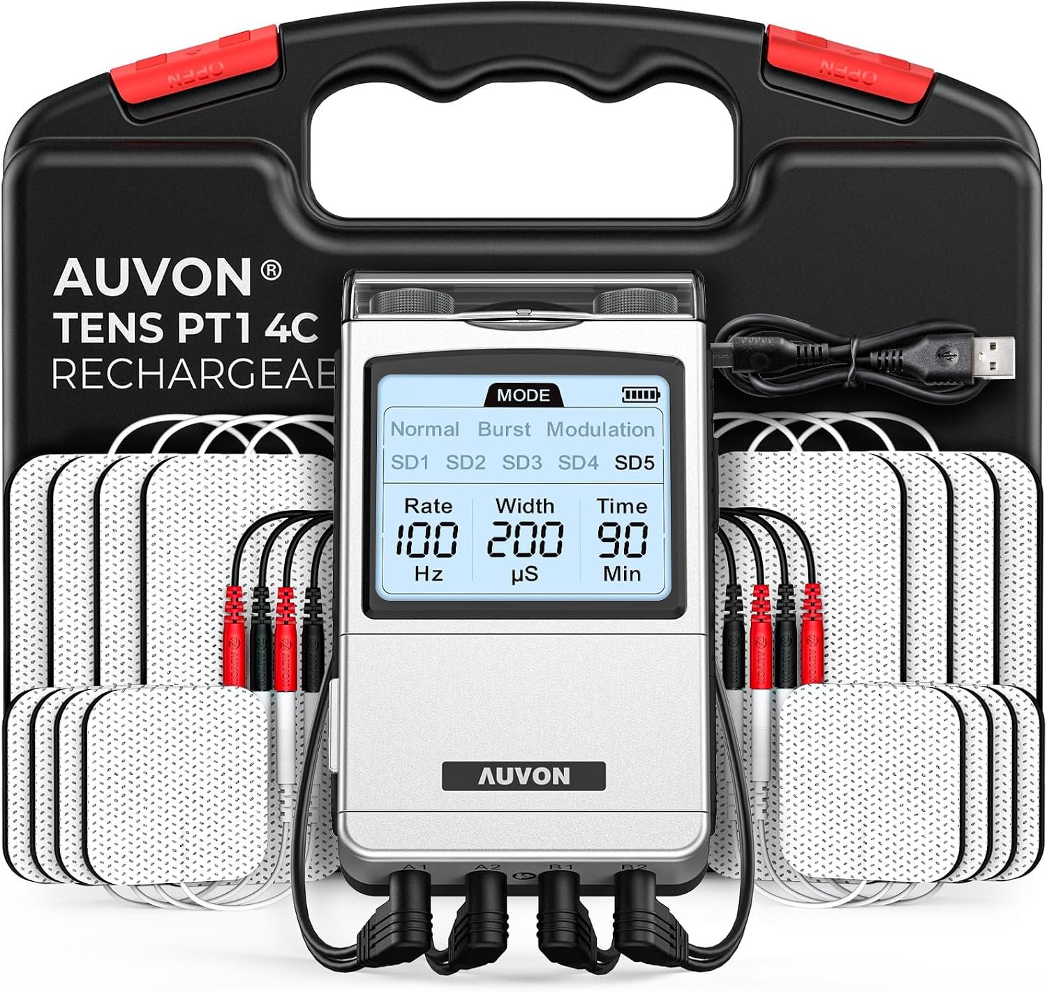 AUVON 4-Channel Digital TENS Unit Muscle Stimulator, Customizable 8 Modes | Rechargeable TENS Machine with 16 Premium TENS Pads, Drug-free for Neck, Shoulder, Back, Sciatica Pain Relief, A Carry Case