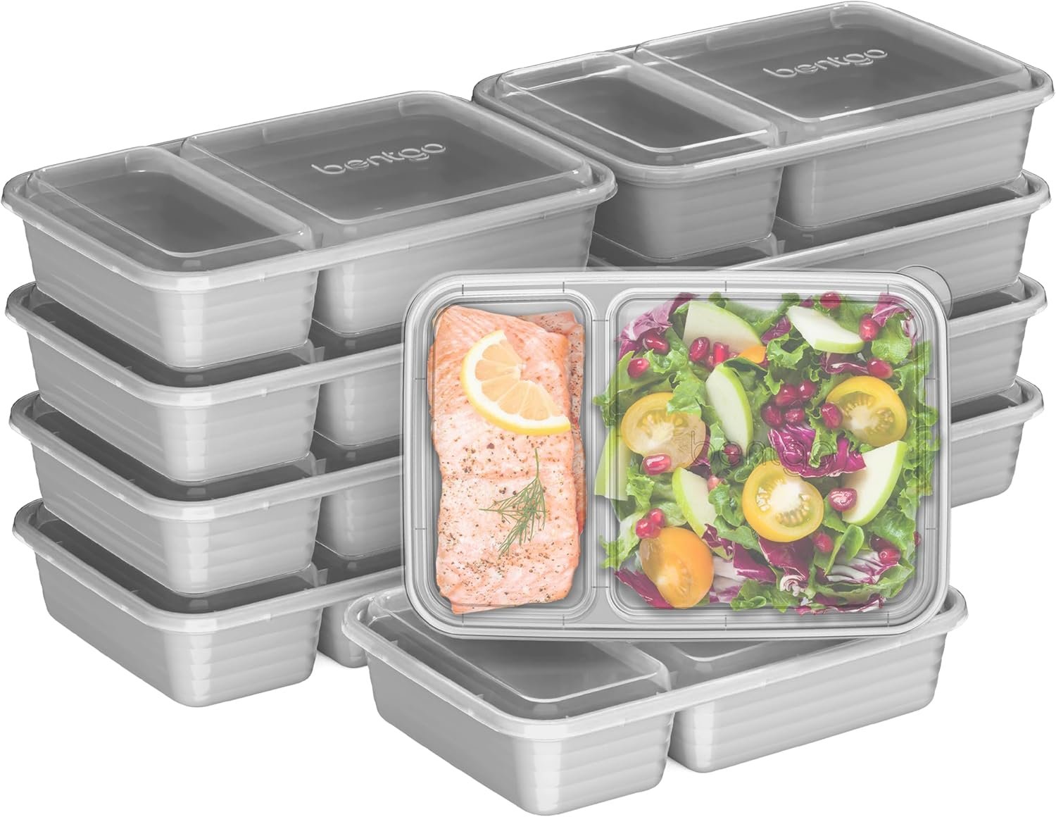 Bentgo Prep 2-Compartment Meal Prep Containers with Lids, 20 Piece Set | 5 Cup Capacity, Portion Control, Stackable, PFAS & BPA-Free, Microwave, Freezer & Dishwasher-Safe (Silver)