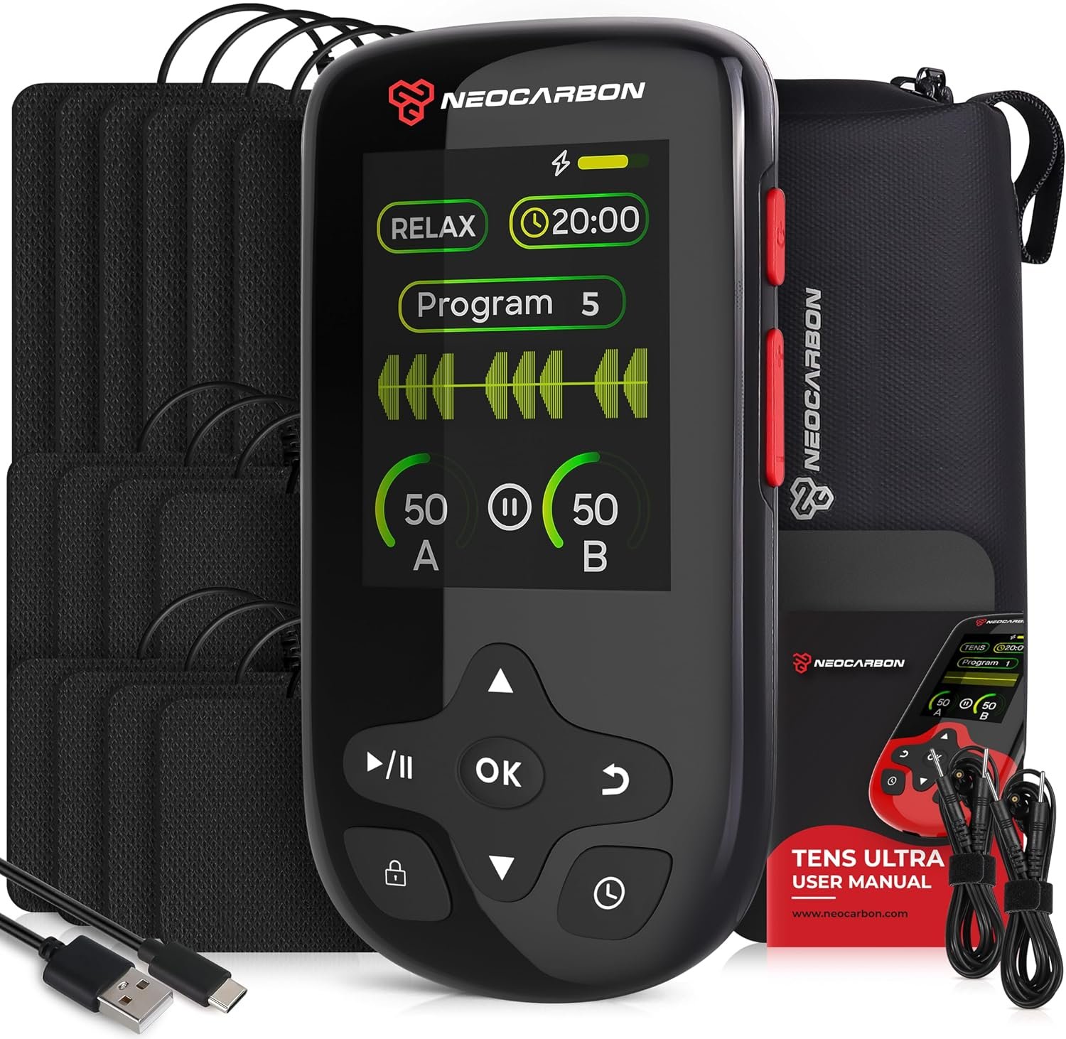 NEOCARBON TENS Unit Muscle Stimulator Ultra for Pain Relief, Black | Pain Relief & Muscle Recovery, PMS Steady Mode, Ultra Performance & Color Screen, Dual Channel & Accessories Kit