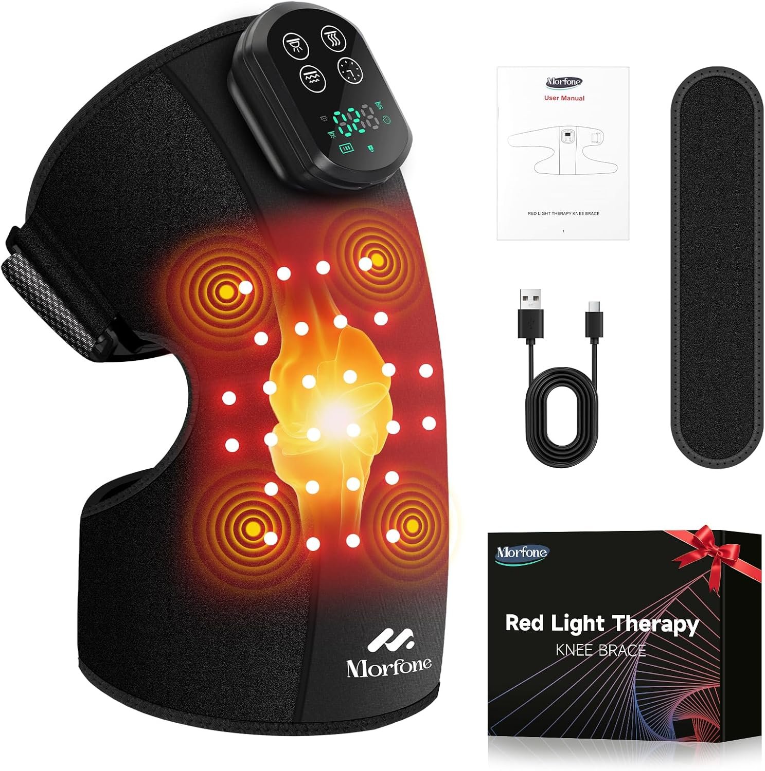 Morfone Red Light Therapy Device for Knee | 3 Vibration Modes and 4 Heating Levels,5000mAh Wireless Rechargeable, 660nm and 850nm Infrared Red Light Therapy for Knee