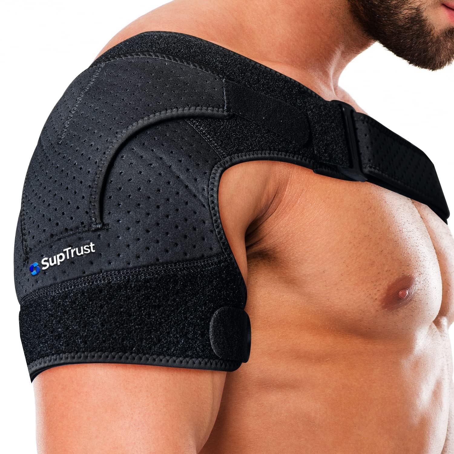 Suptrust Shoulder Brace for Men & Women: Adjustable Shoulder Wrap for Pain Relief, AC Joint, Torn Rotator Cuff, Injuries & Tendonitis – One Size Regular