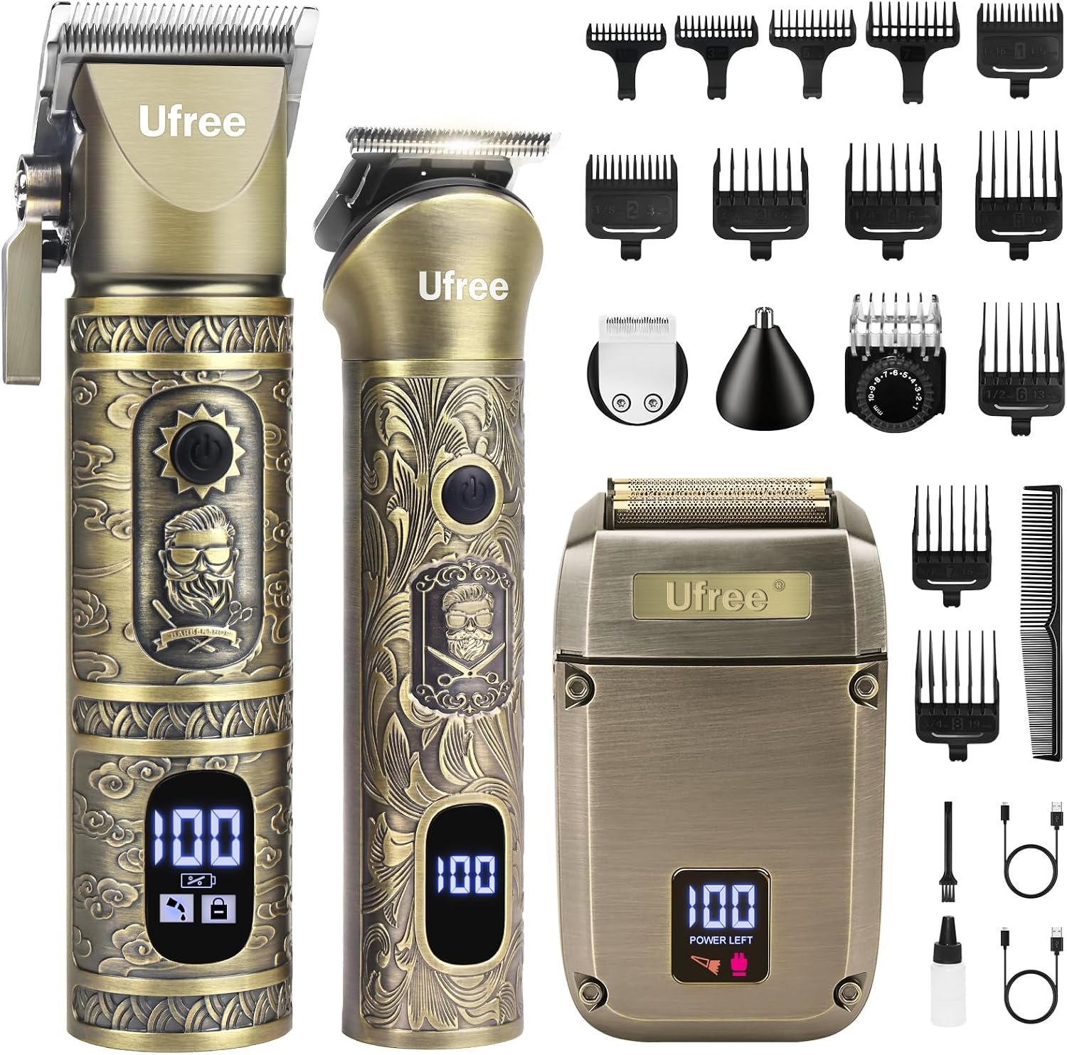 Ufree Hair Clippers for Men, Beard Trimmer, Foil Shaver 3-in-1 Grooming Kit | Type-C Fast Charging & LED Display Pro Cordless Barber Clipper for Home Haircuts, T-Blade for Seamless Fades, for All Hair