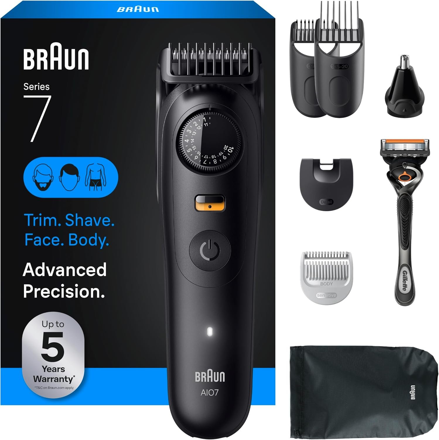 Braun Series 7 All-in-One Beard & Body Grooming Kit for Men, Cordless Trimmer, Hair Clippers & Shaver for Face, Hair & Body with Gillette ProGlide Razor, AIO 7530