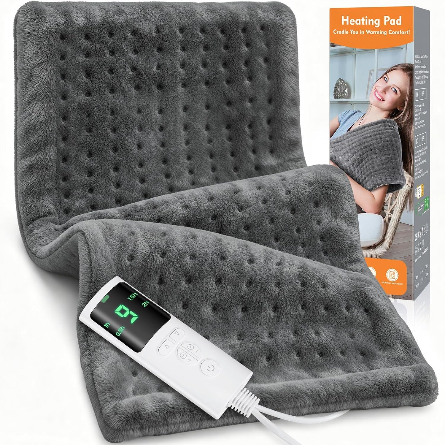 Heating Pad for Back Pain, Electric Heat Pad with 9 Heat Levels & 4 Auto-Off Timers, Portable Heating Pad for Period Cramps, Shoulder, Neck, Machine Washable, Gifts for Women and Men, Grey, 24”×12”