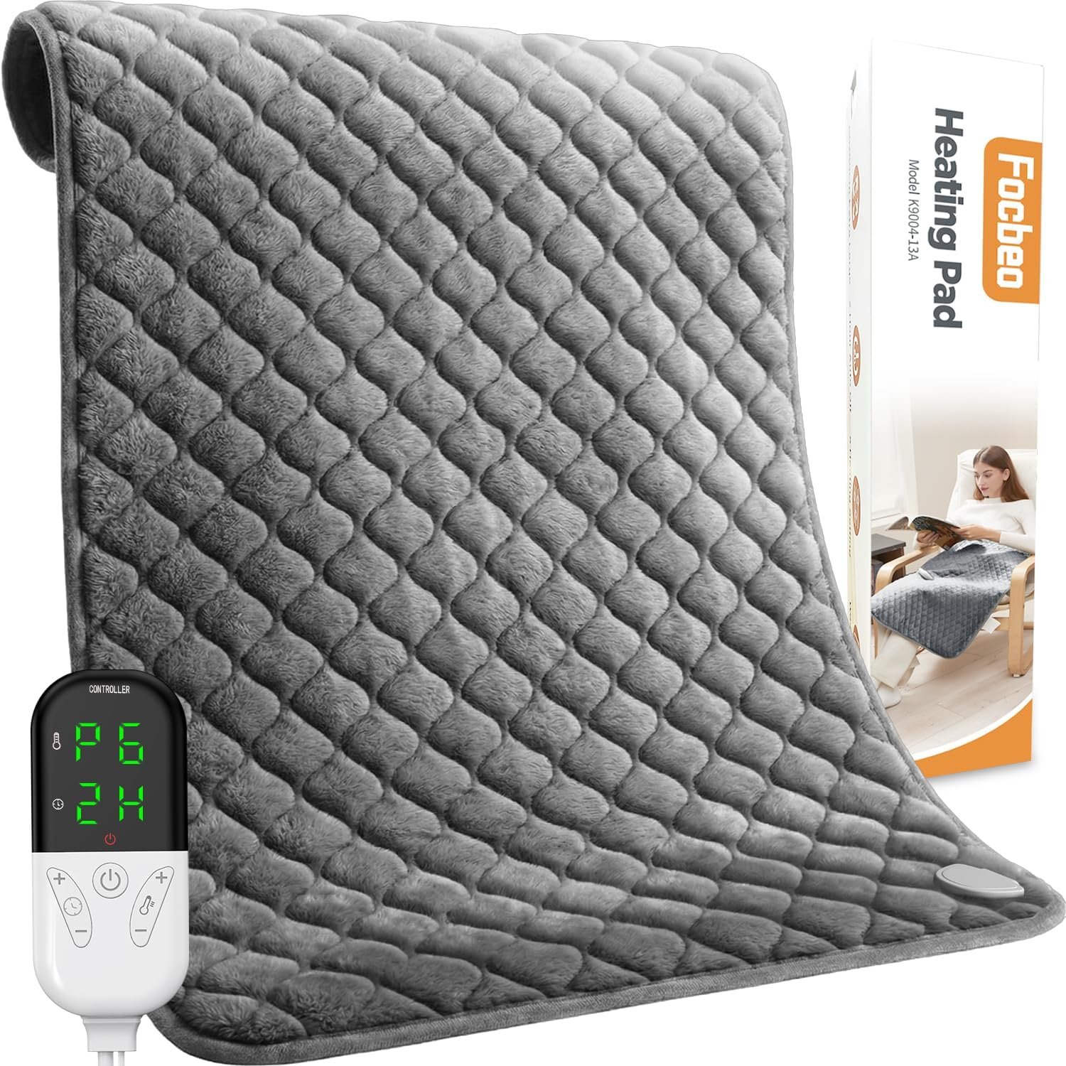 Focbeo King Size Heating Pad for Back 32″x24″ Extra Large Heat Pad | FSA Eligible/HSA Electric Heating Pad for Back Pain&Period Cramps 6 Temperature/Auto Shut Off Settings Machine Washable Gray