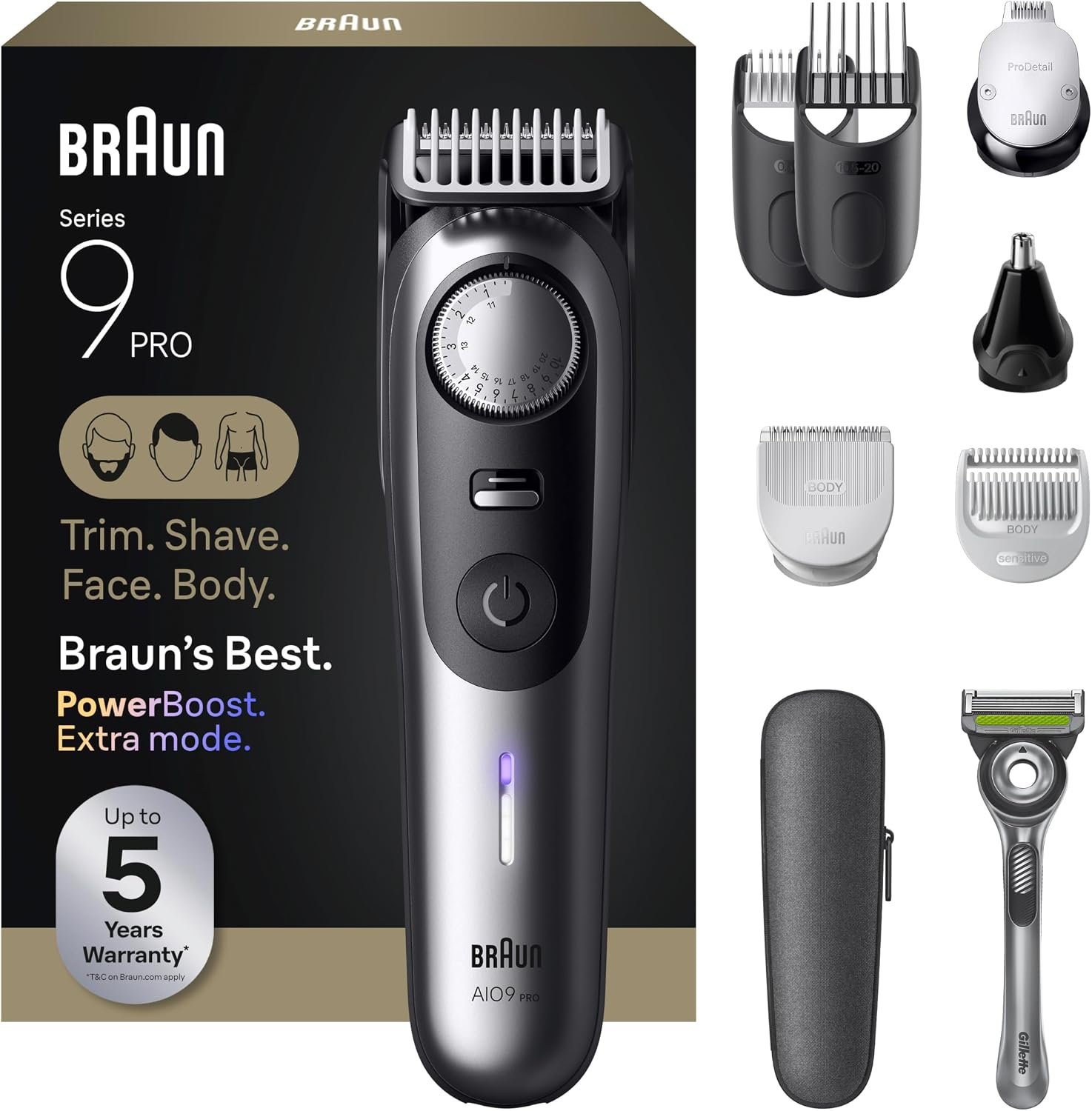 Braun All-in-One Series 9 PRO Men’s Electric Beard Trimmer, Hair Clipper, Shaver & Razor for Face, Hair & Body, AIO 9550 with Gillette Labs Razor, Cordless