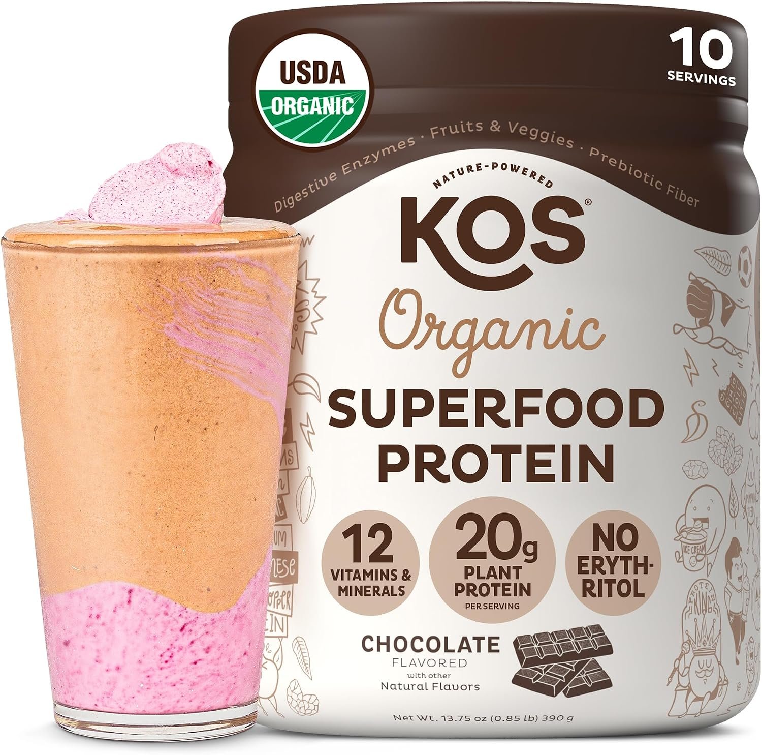 KOS Vegan Protein Powder, Chocolate USDA Organic – Low Carb Pea Protein Blend, Plant Based Superfood with Vitamins & Minerals – Keto, Soy, Gluten Free – Meal Replacement for Women & Men – 10 Servings