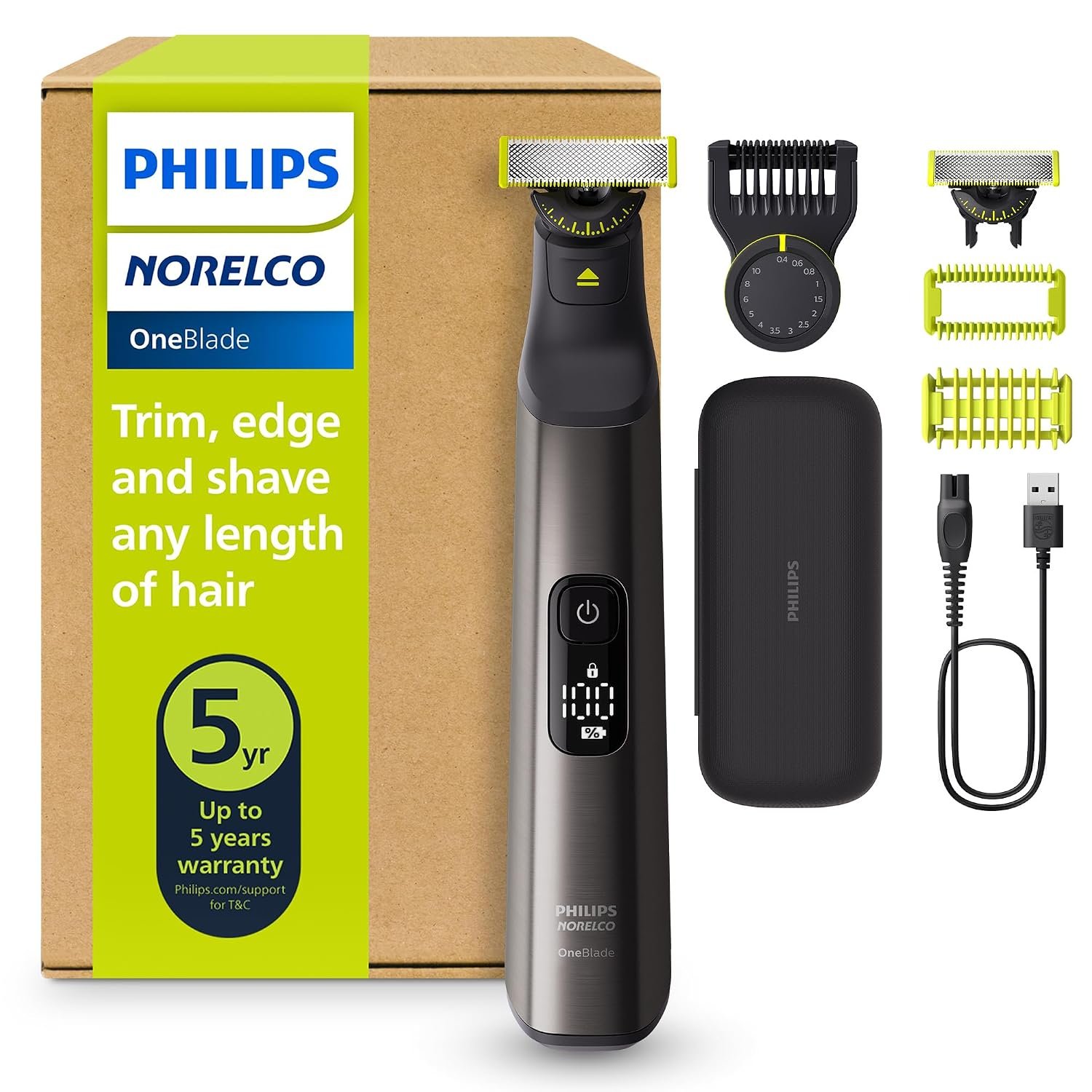 Philips Norelco OneBlade Pro 360 Face + Body Trimmer + Shaver, Travel Case | 360 Blade Technology, 20-Length Comb, 100% Showerproof, Includes Travel Case & body kit, 120-Min Runtime QP6552/90