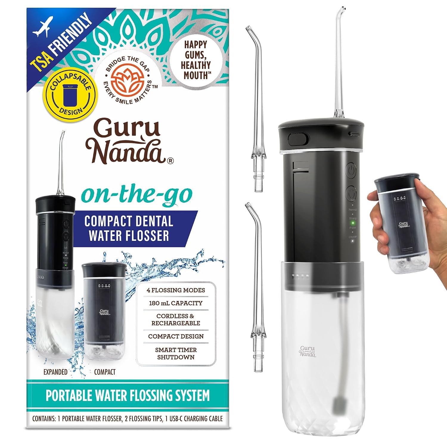 GuruNanda Mini Travel Water Flosser – Cordless Oral Irrigator with Collapsible 180ml Tank, 4 Modes, Smart Timer, IPX7 Waterproof, TSA-Friendly, Portable Flosser for Braces & Sensitive Gums, Black
